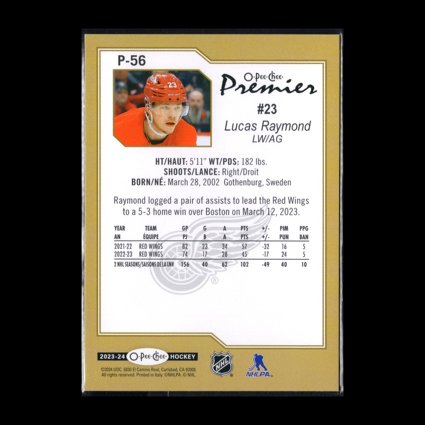 2023-24 O-Pee-Chee LUCAS RAYMOND #P-56 Premier - Detroit Red Wings