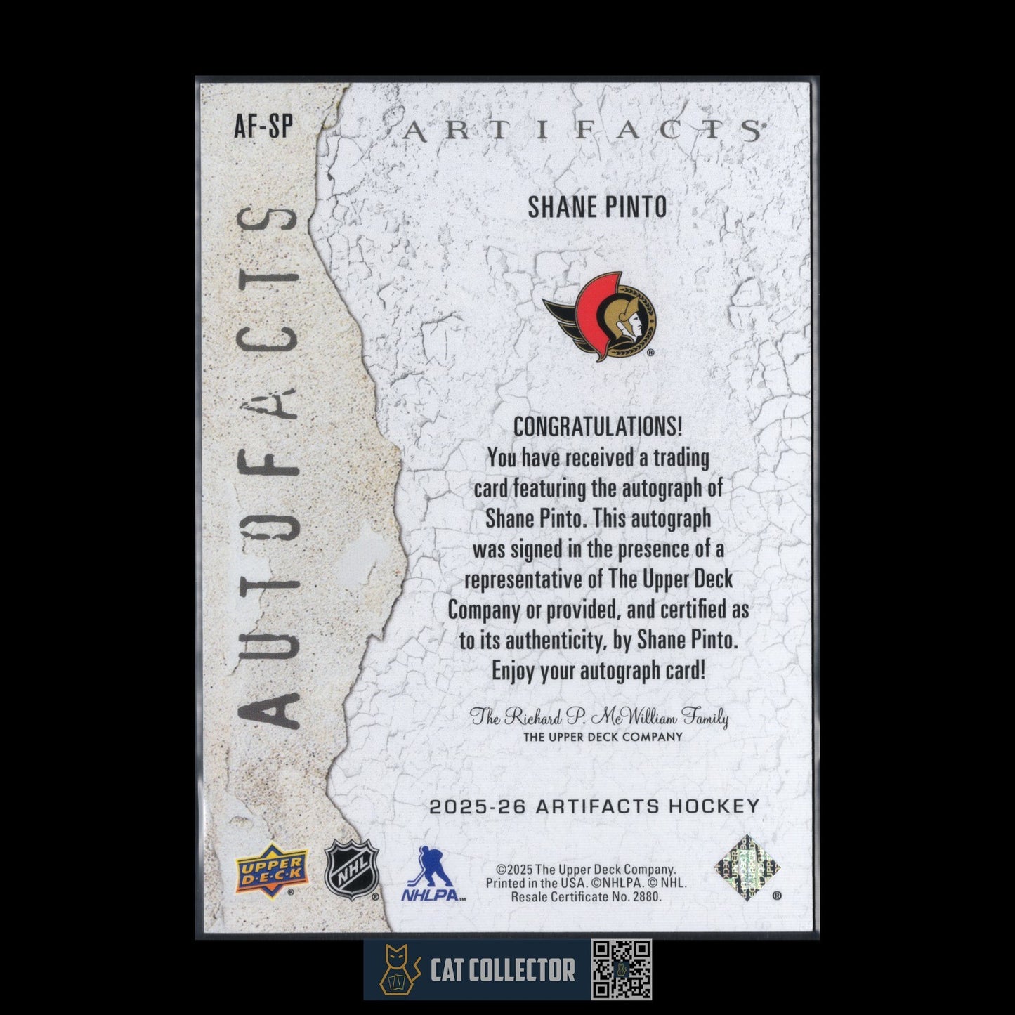 2025-26 UD Artifacts SHANE PINTO #AF-SP Autofacts Auto