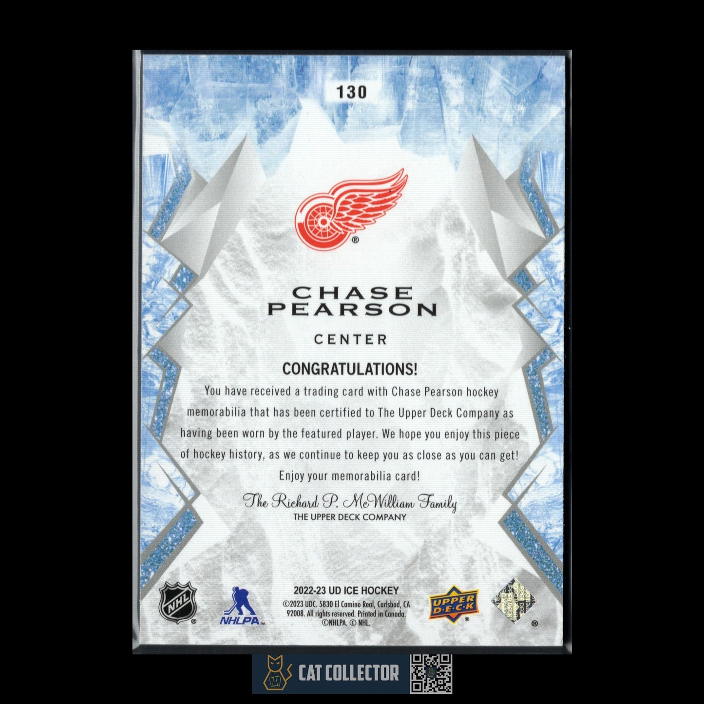 2022-23 UD Ice CHASE PEARSON #130 Jersey Rookie RC - Detroit Red Wings