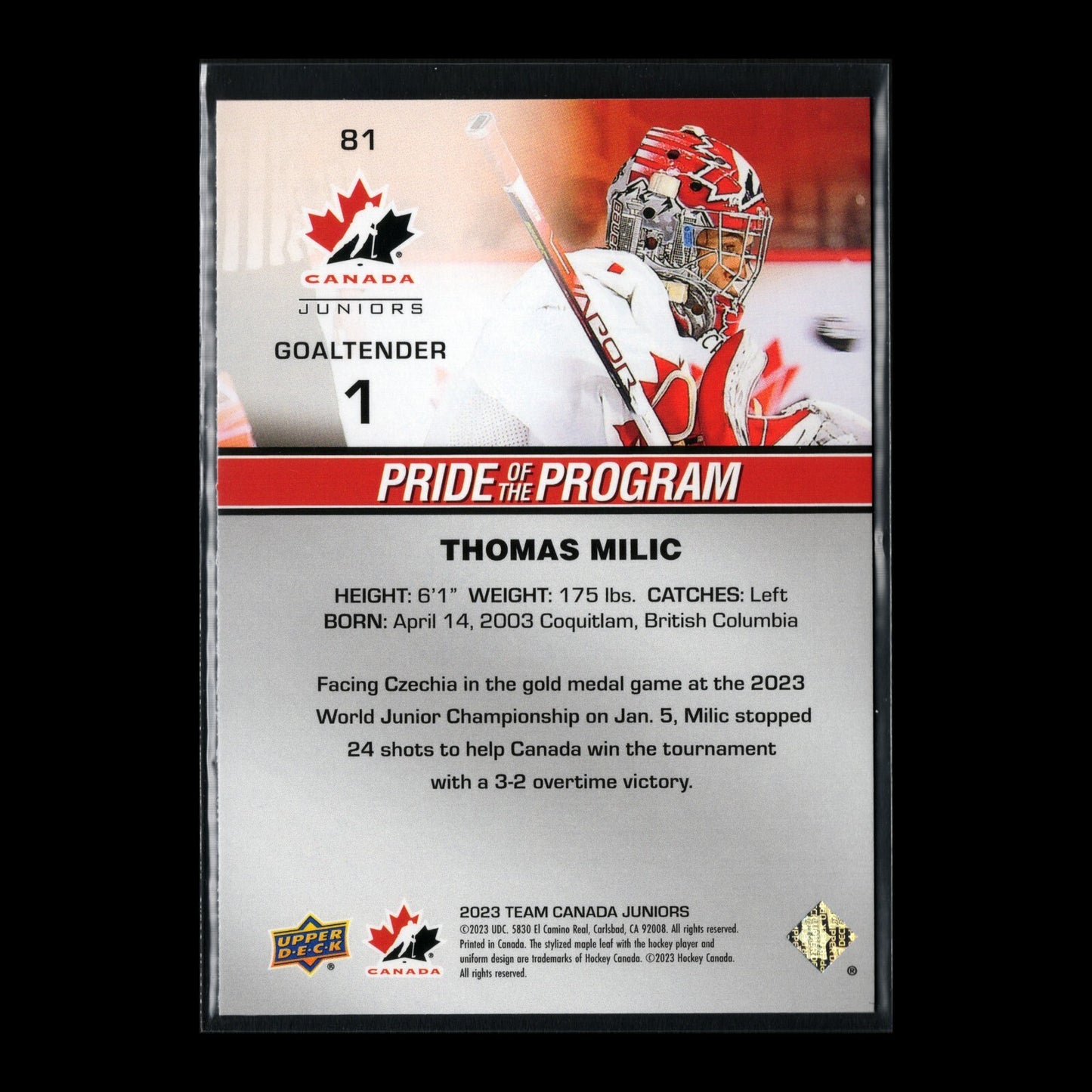 2023 Upper Deck Team Canada Juniors THOMAS MILIC #81 Pride of the program