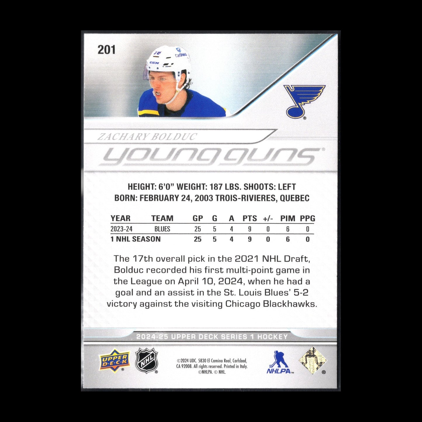 2024-25 UD Series 1 ZACHARY BOLDUC #201 Young guns RC