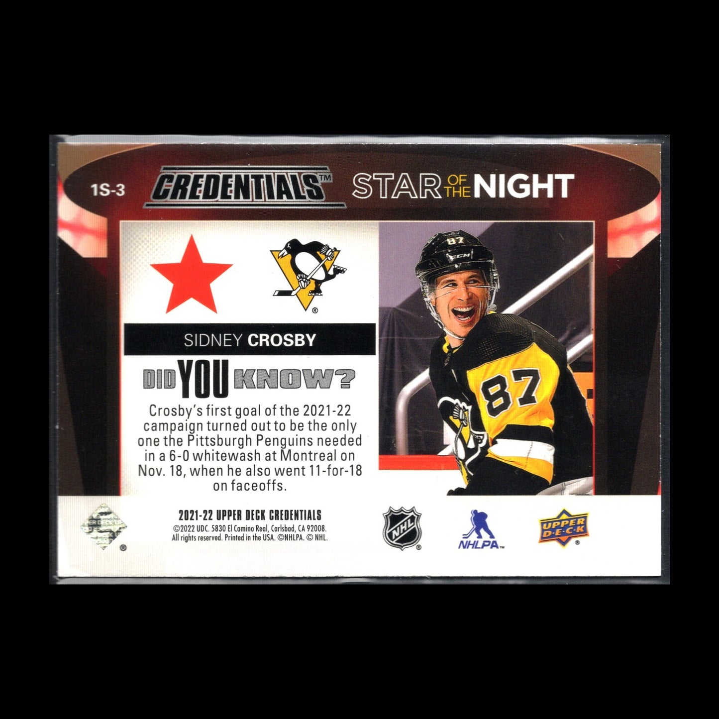 2021-22 UD Credentials SIDNEY CROSBY #1S-3 First Star of the Night