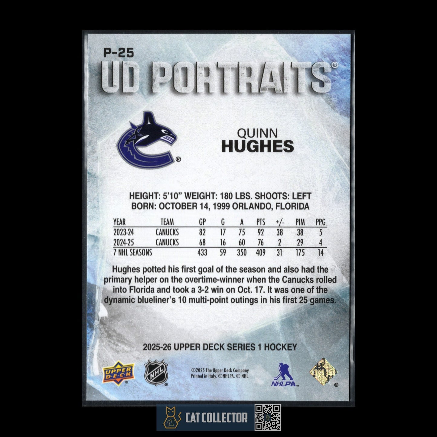 2025-26 UD Series 1 QUINN HUGHES #P-25 UD Portraits - Vancouver Canucks