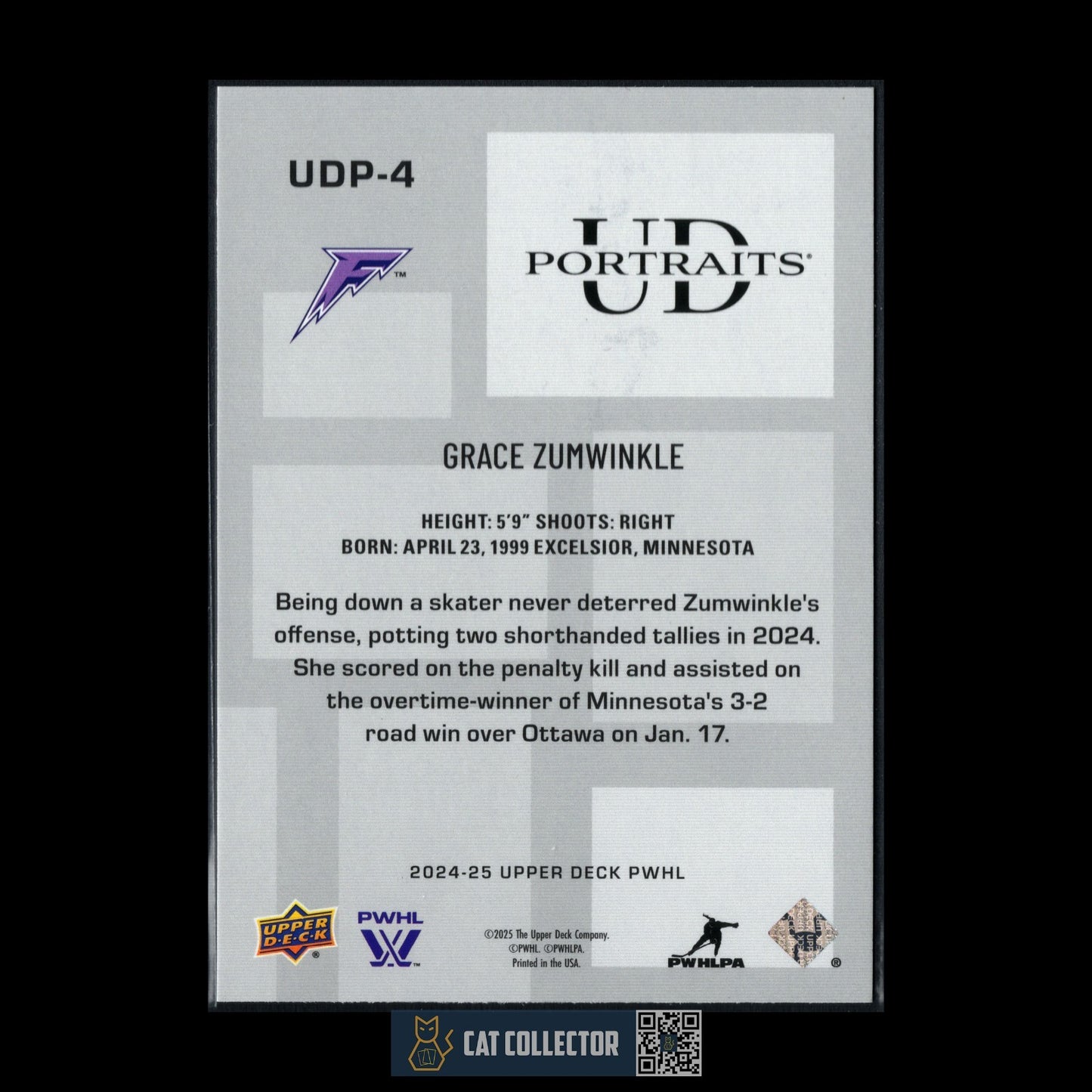 2024-25 Upper Deck PWHL GRACE ZUMWINKLE #UDP-4 UD Portraits - Minnesota Frost