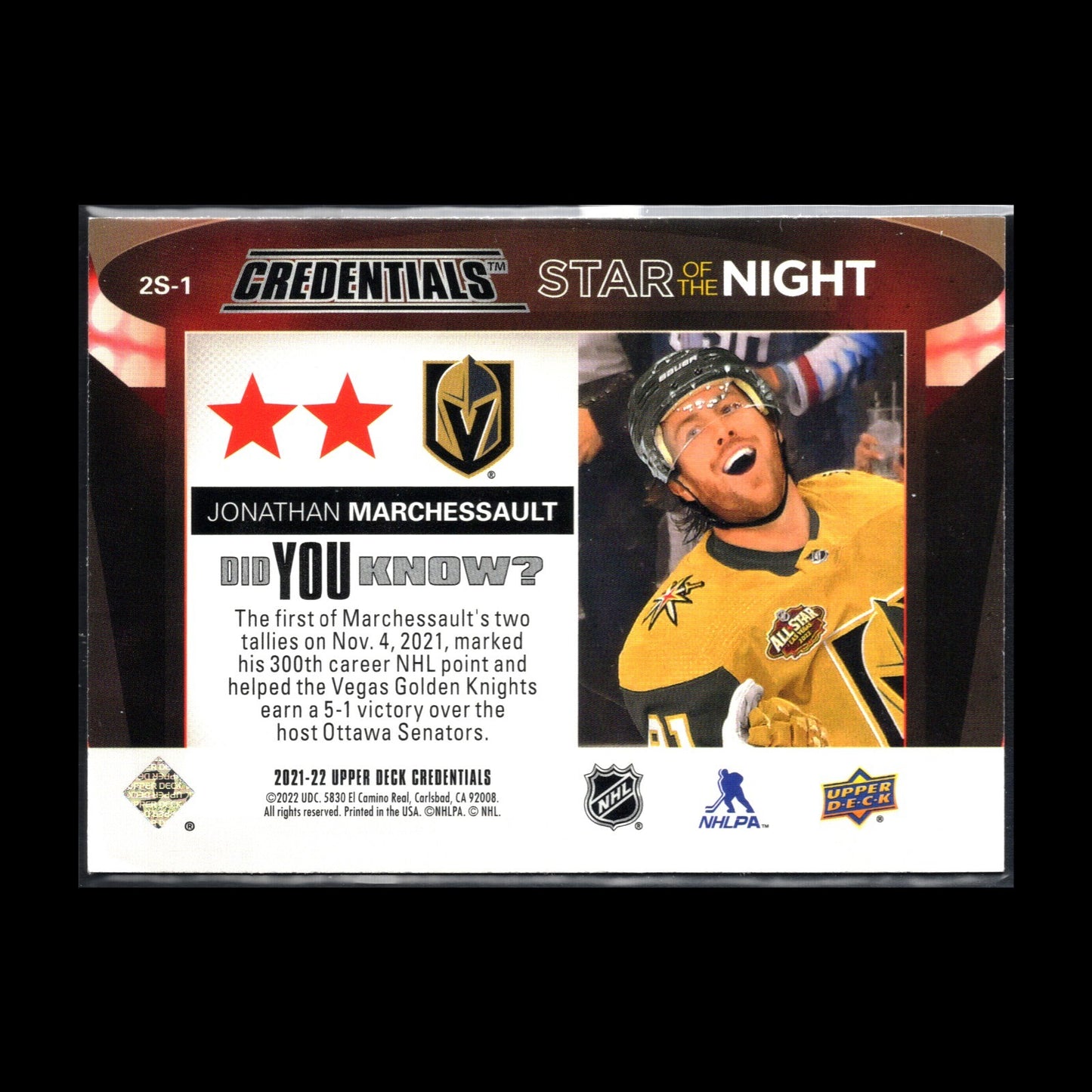 2021-22 UD Credentials JONATHAN MARCHESSAULT #2S-1 Second Star of the Night