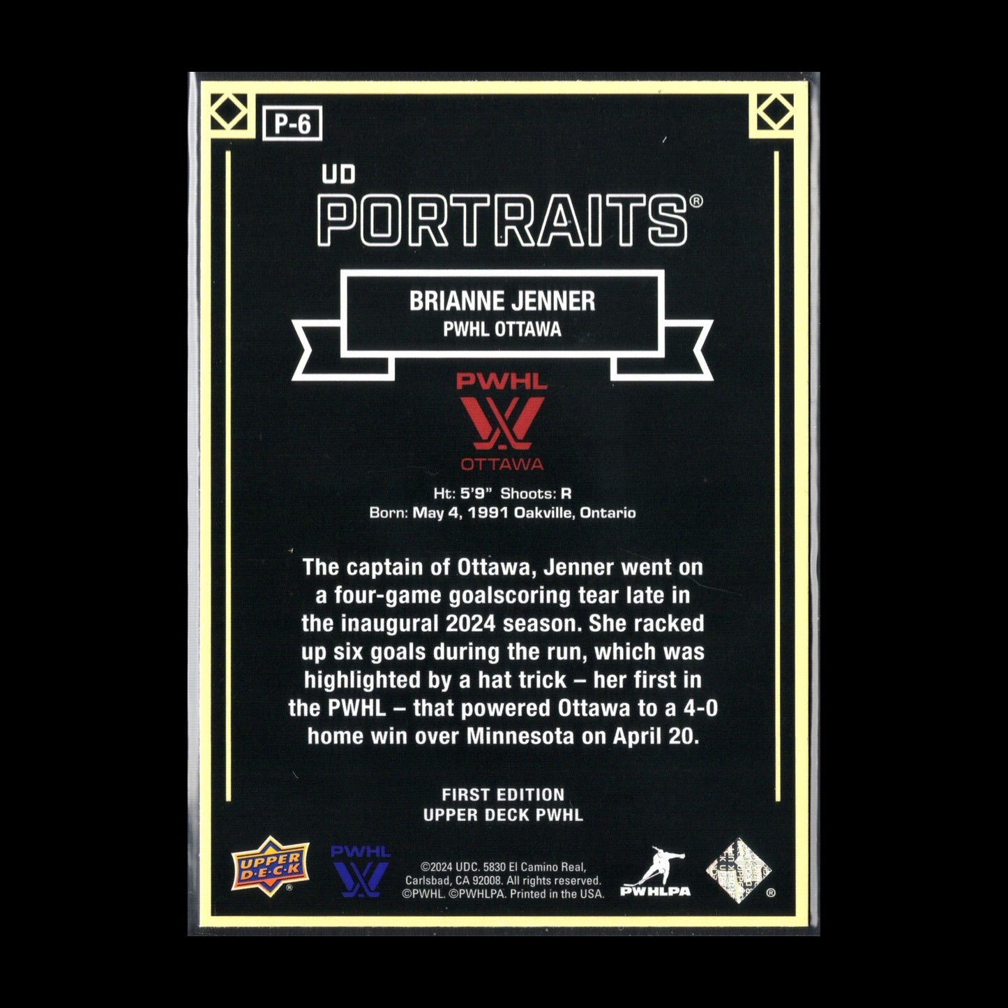 2024-25 UD PWHL BRIANNE JENNER #P-6 UD Portraits - 1st EDITION!