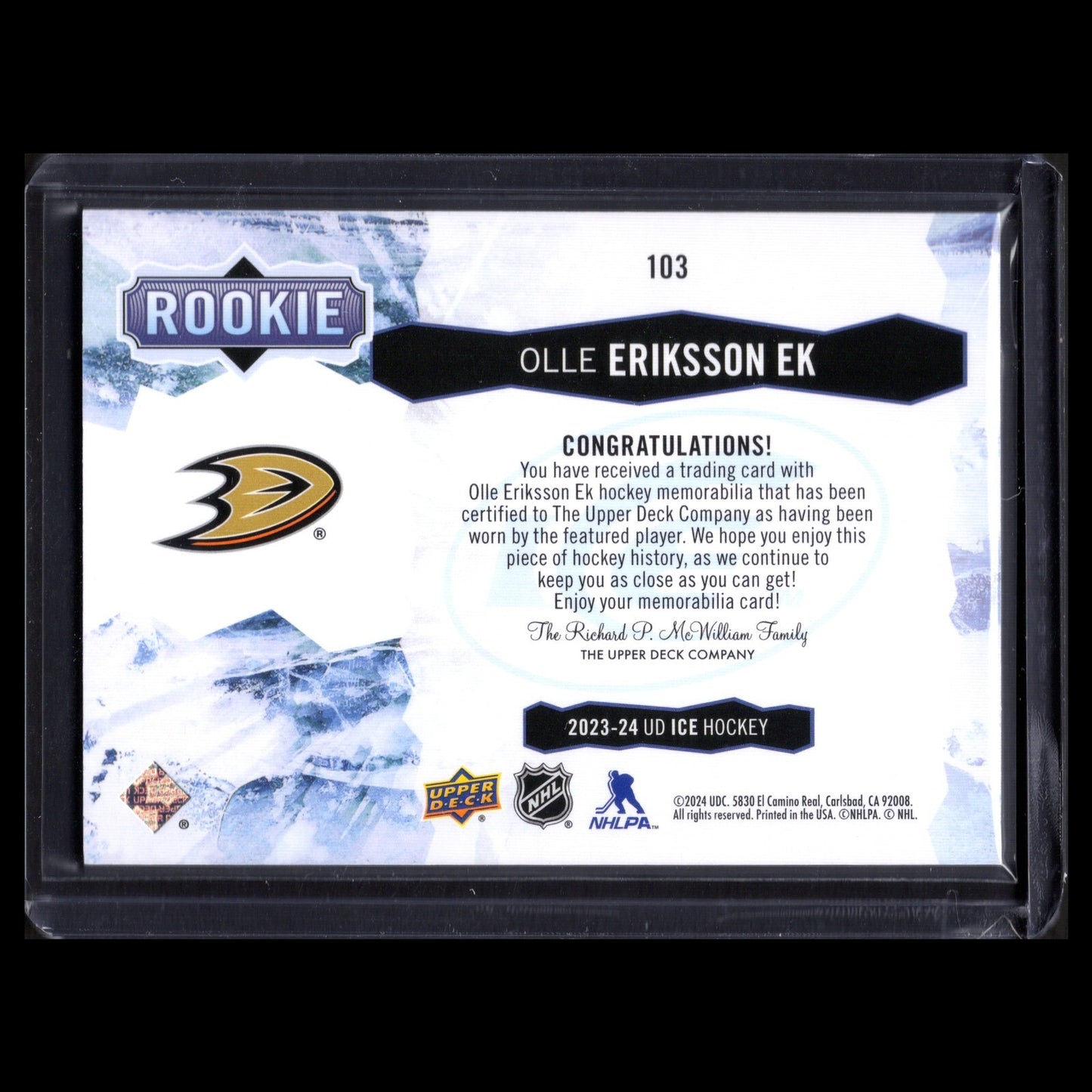 2023-24 UD Ice OLLE ERIKSSON EK #103 Rookie Jersey - Anaheim Ducks