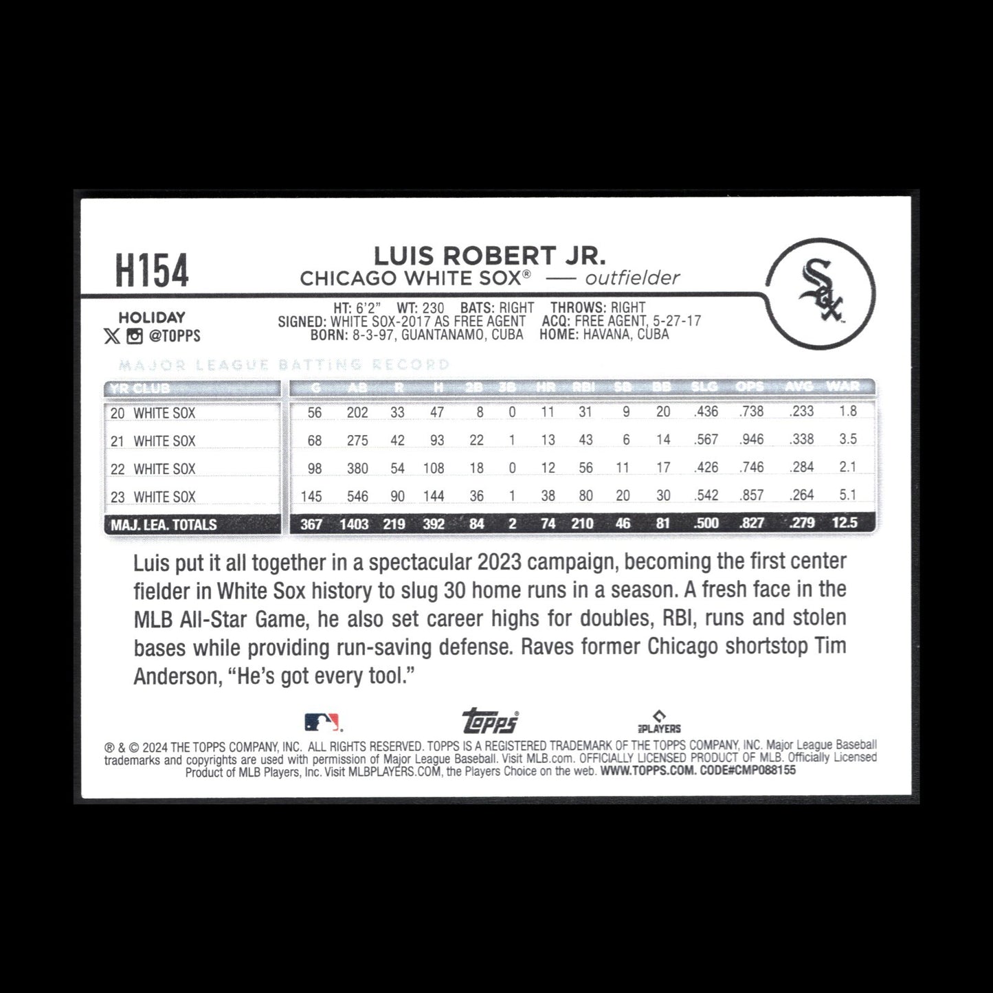 2024 Topps Holiday LUIS ROBERT JR. #H154 Image Variation RC - Chicago White Sox