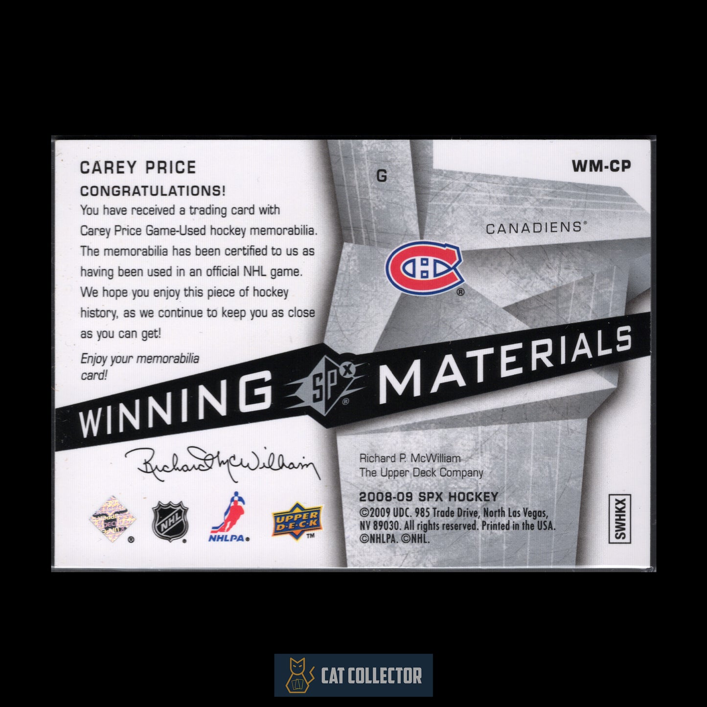 2008-09 Upper Deck SPx CAREY PRICE #WM-CP Winning Materials Jersey