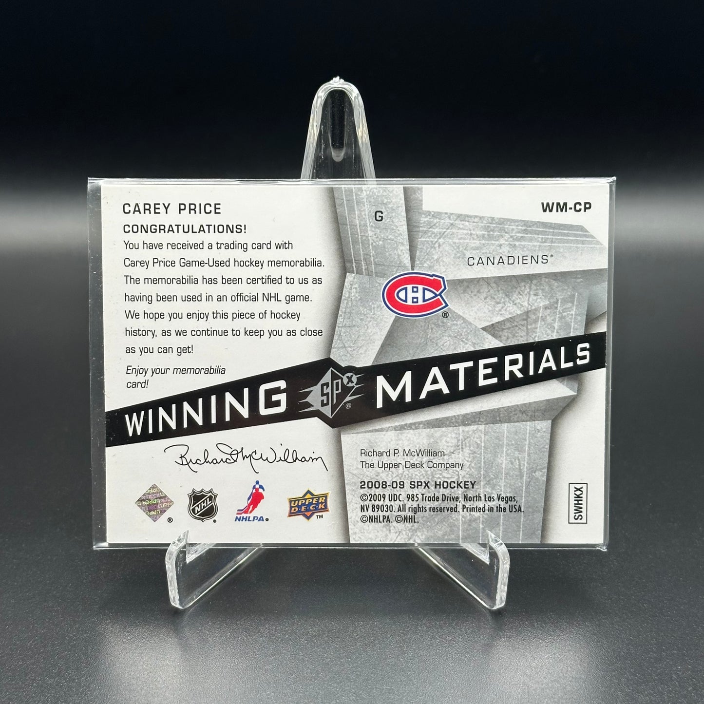 2008-09 Upper Deck SPx CAREY PRICE #WM-CP Winning Materials Jersey