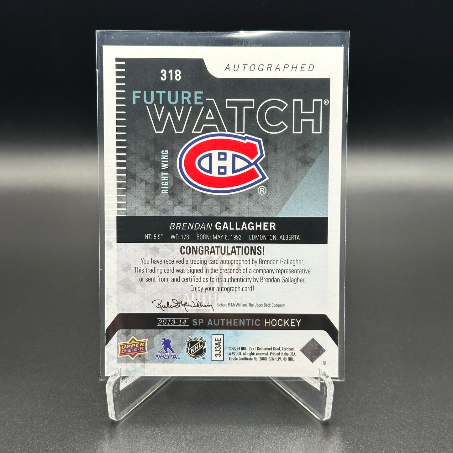 2013-14 UD SP Authentic BRENDAN GALLAGHER #318 Future Watch Auto RC /999