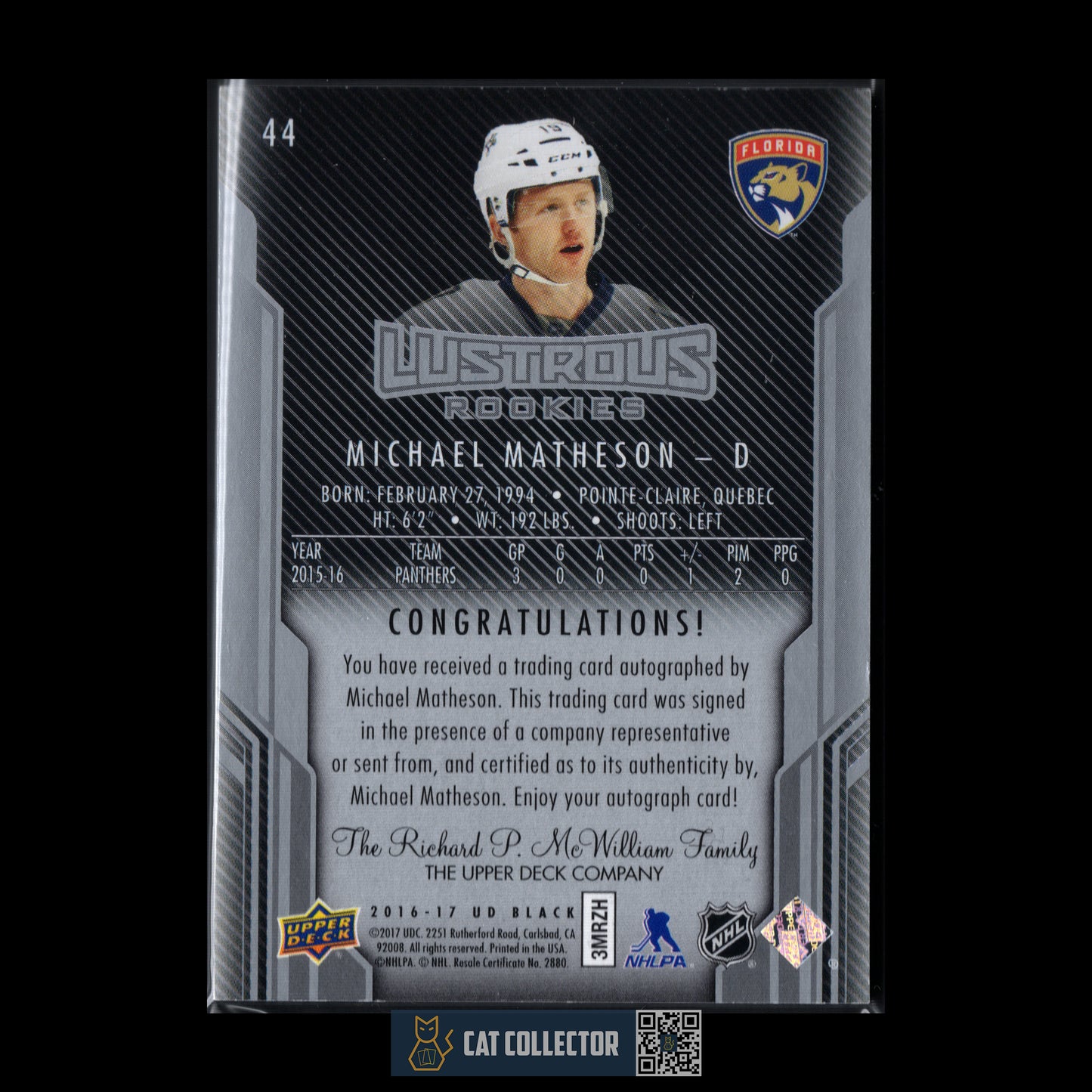 2016-17 UD Black Diamond MICHAEL MATHESON #44 Black Lustrous Rookies Signature RC /299 Auto