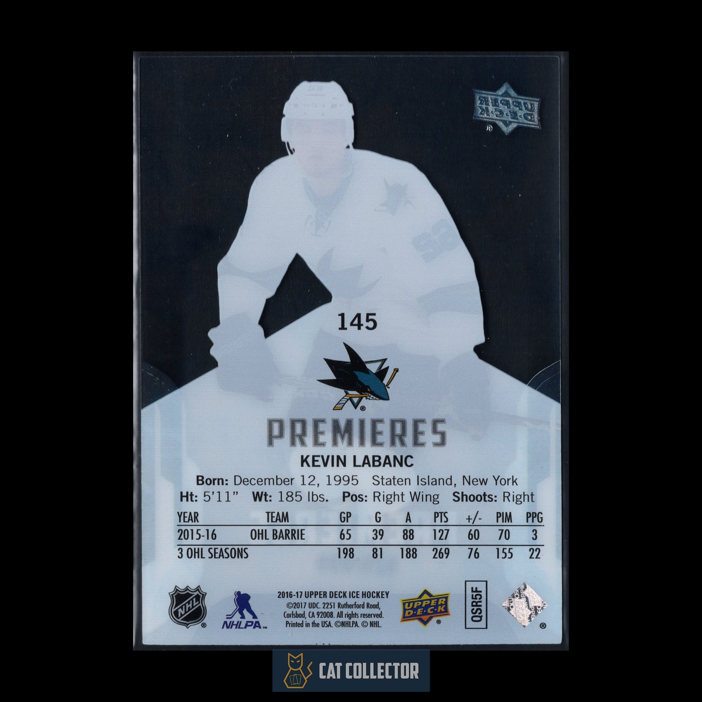 2016-17 Upper Deck Ice KEVIN LABANC #145 Ice Premieres RC /999