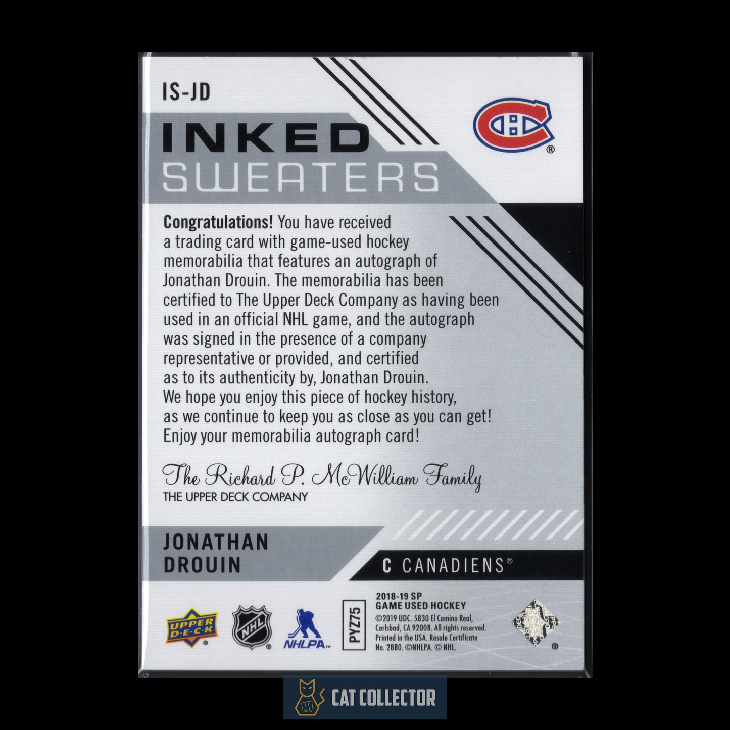 2018-19 Upper Deck SP Game Used JONATHAN DROUIN #IS-JD Inked Sweaters AutoJersey RC /99
