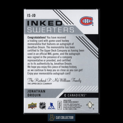 2018-19 Upper Deck SP Game Used JONATHAN DROUIN #IS-JD Inked Sweaters AutoJersey RC /99