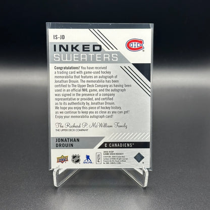 2018-19 Upper Deck SP Game Used JONATHAN DROUIN #IS-JD Inked Sweaters AutoJersey RC /99
