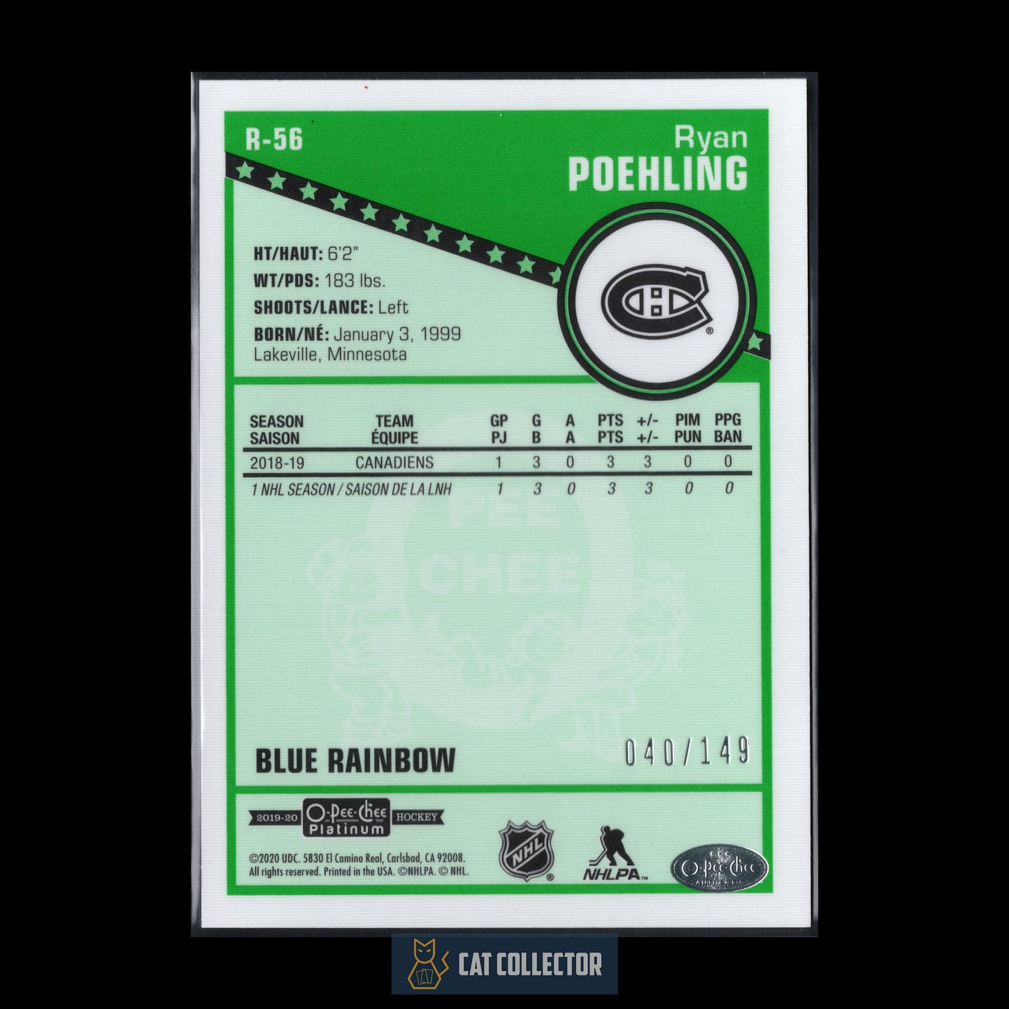2019-20 O-Pee-Chee Platinum RYAN POEHLING #R-56 Retro Blue Rainbow RC /149