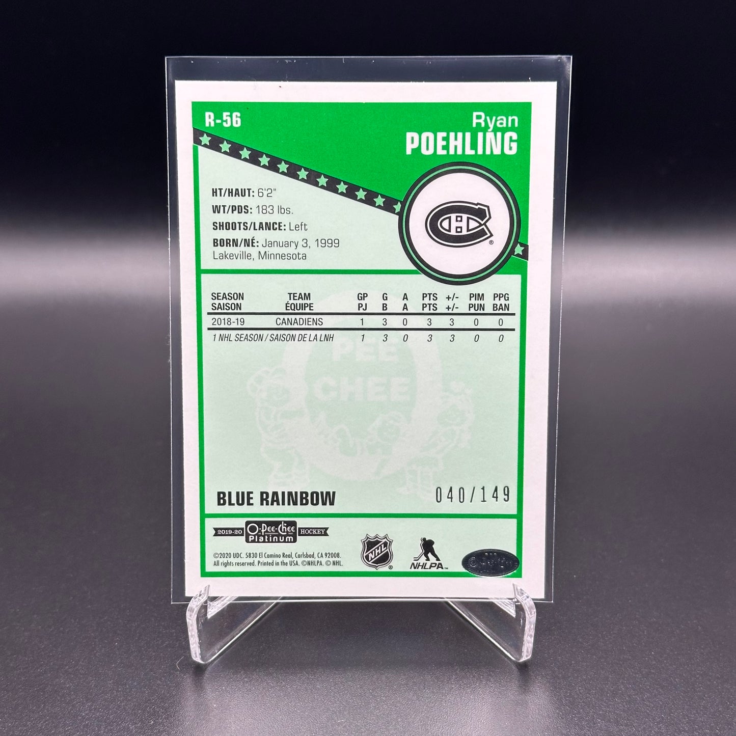 2019-20 O-Pee-Chee Platinum RYAN POEHLING #R-56 Retro Blue Rainbow RC /149