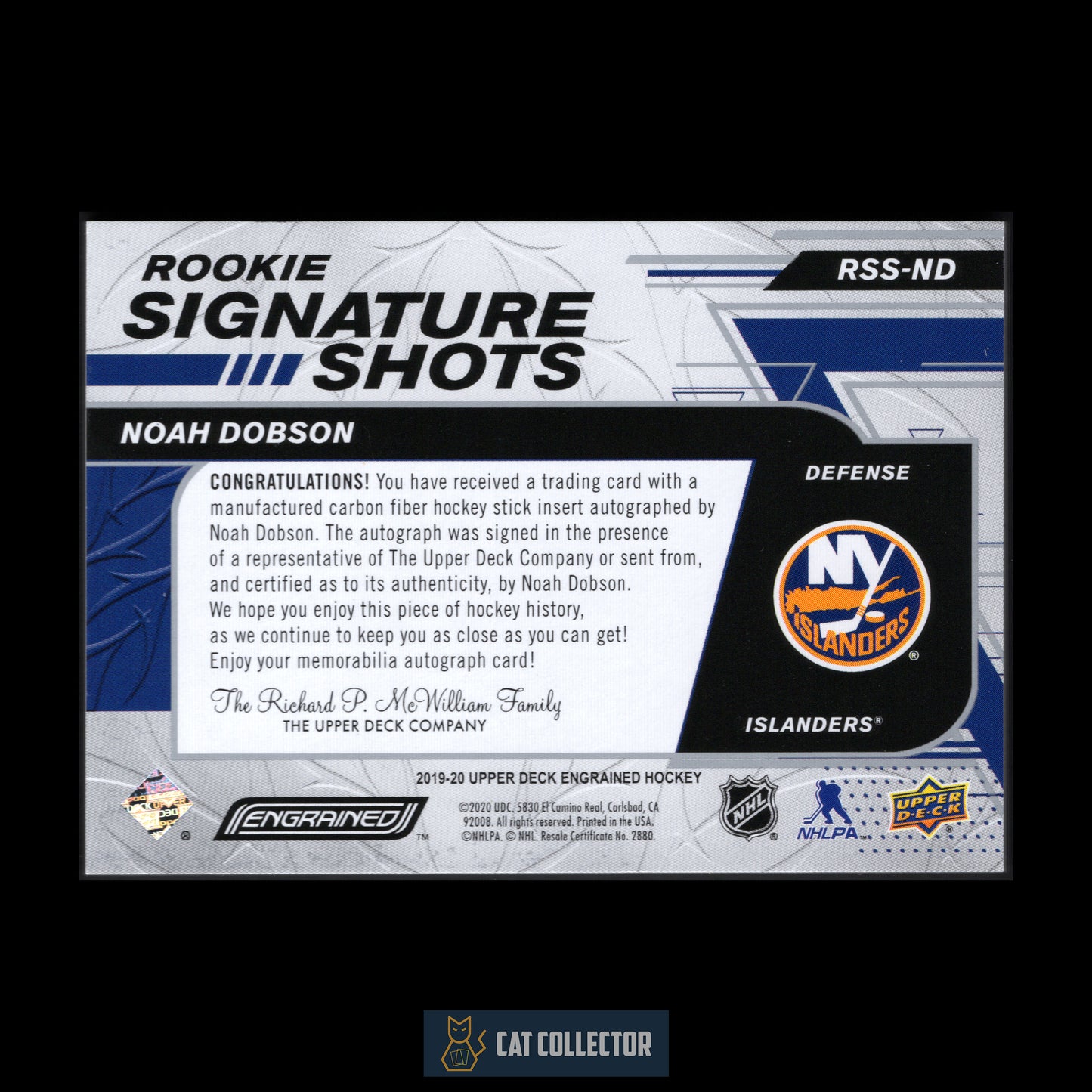 2019-20 UD Engrained NOAH DOBSON #RSS-ND Rookie Signature Shots Red Stick RC /99