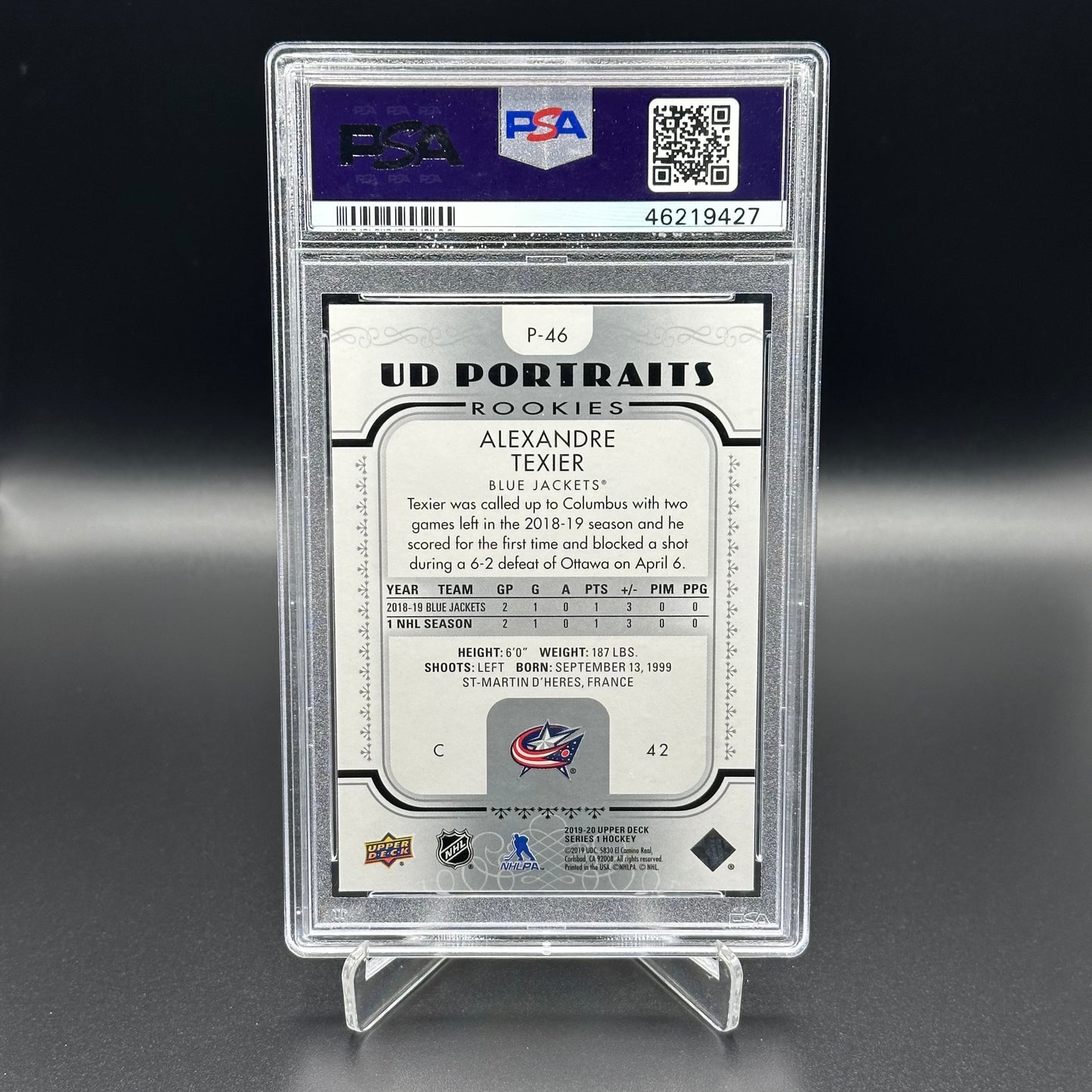 2019-20 Upper Deck Series 1 ALEXANDRE TEXIER #P-46 UD Portraits Rookie RC PSA 10