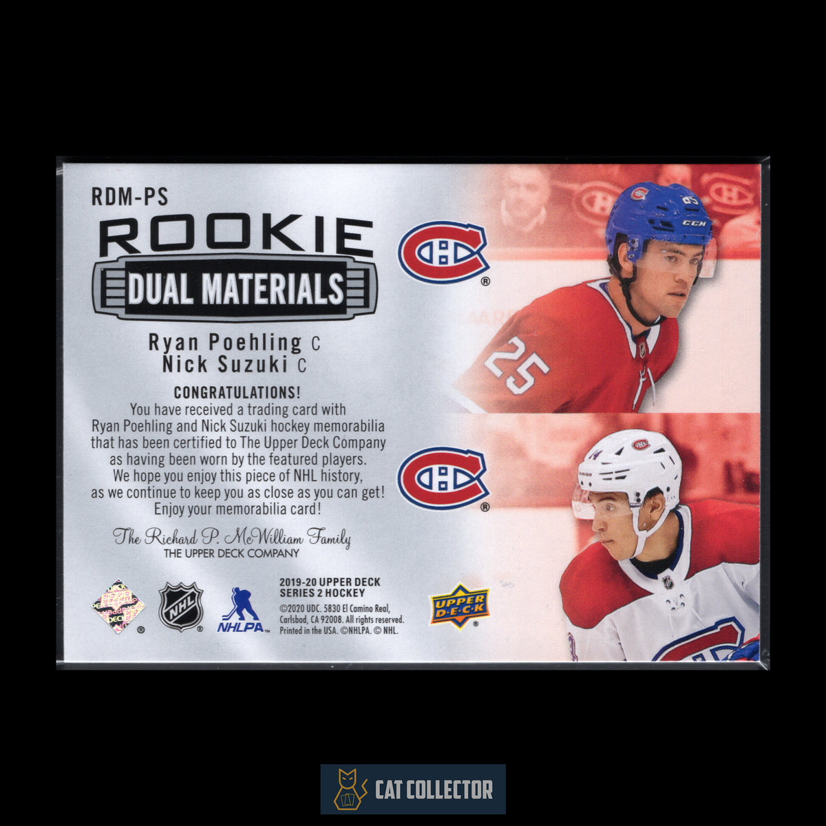 2019-20 UD Series 2 NICK SUZUKI / RYAN POEHLING #RDM-PS Rookie Dual Materials RC Jersey