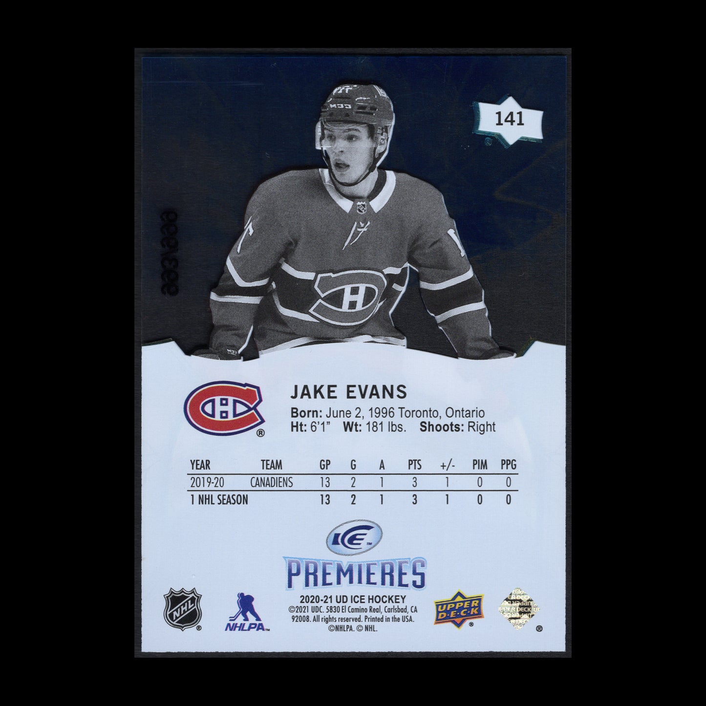 2020-21 Upper Deck Ice JAKE EVANS #141 Ice Premieres RC /999