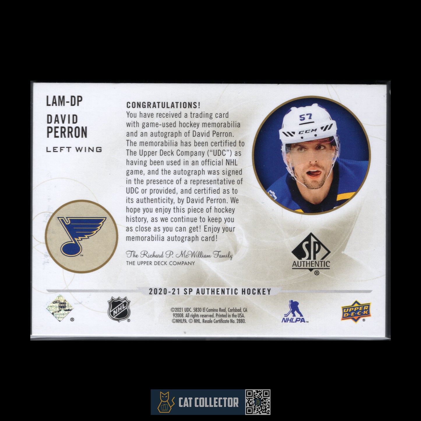2020-21 UD SP Authentic DAVID PERRON #LAM-DP Limited Auto Material /100 Patch