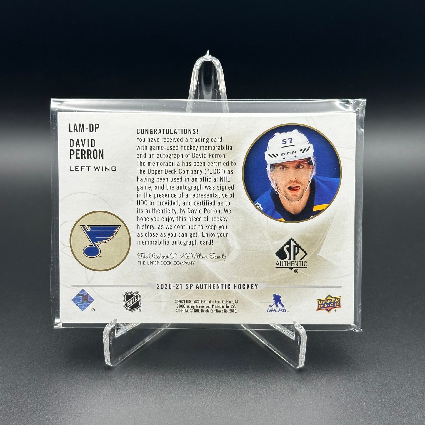 2020-21 UD SP Authentic DAVID PERRON #LAM-DP Limited Auto Material /100 Patch