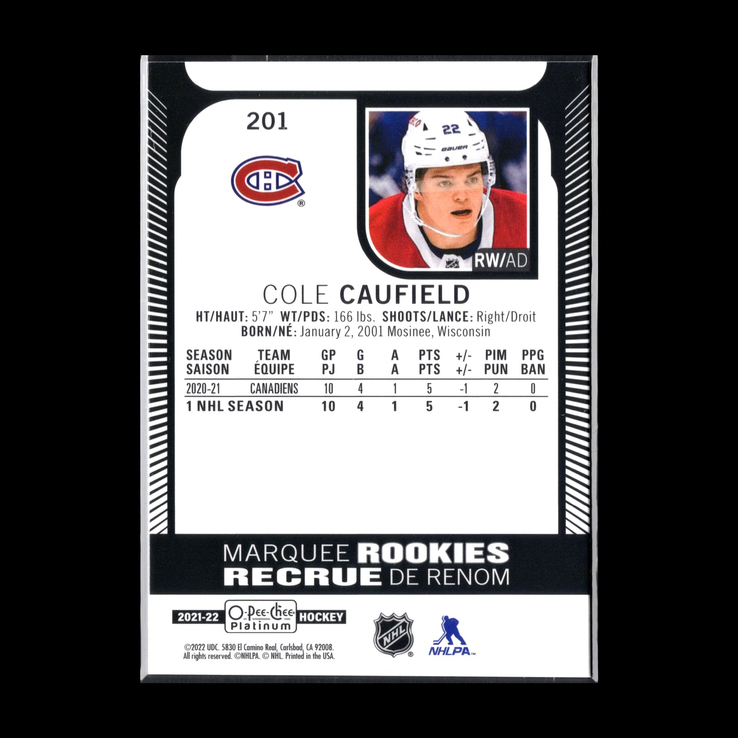 2021-22 O-Pee-Chee Platinum COLE CAUFIELD #201 Marquee Rookie RC