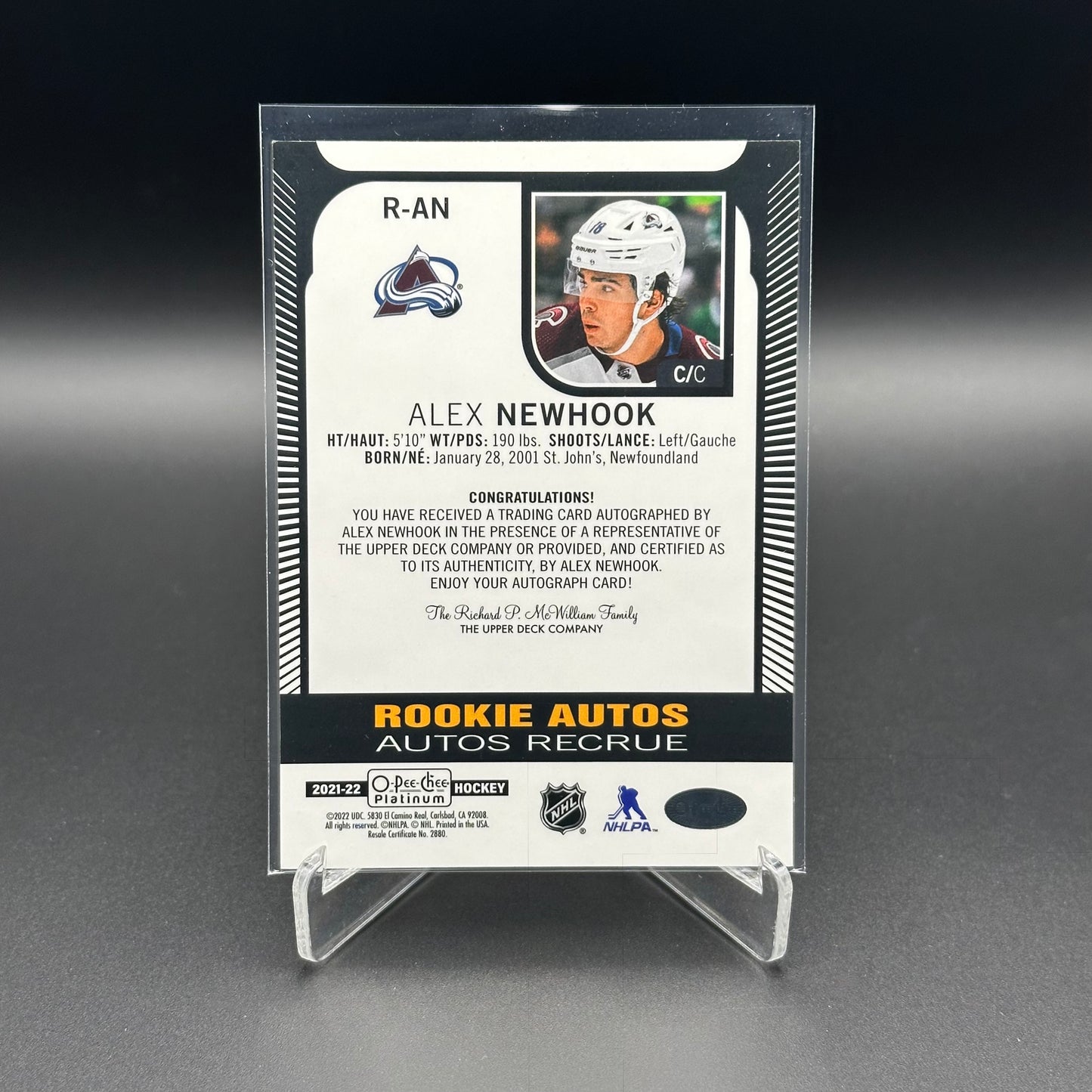 2020-21 O-Pee-Chee Platinum ALEX NEWHOOK #R-AN Rookie Auto RC