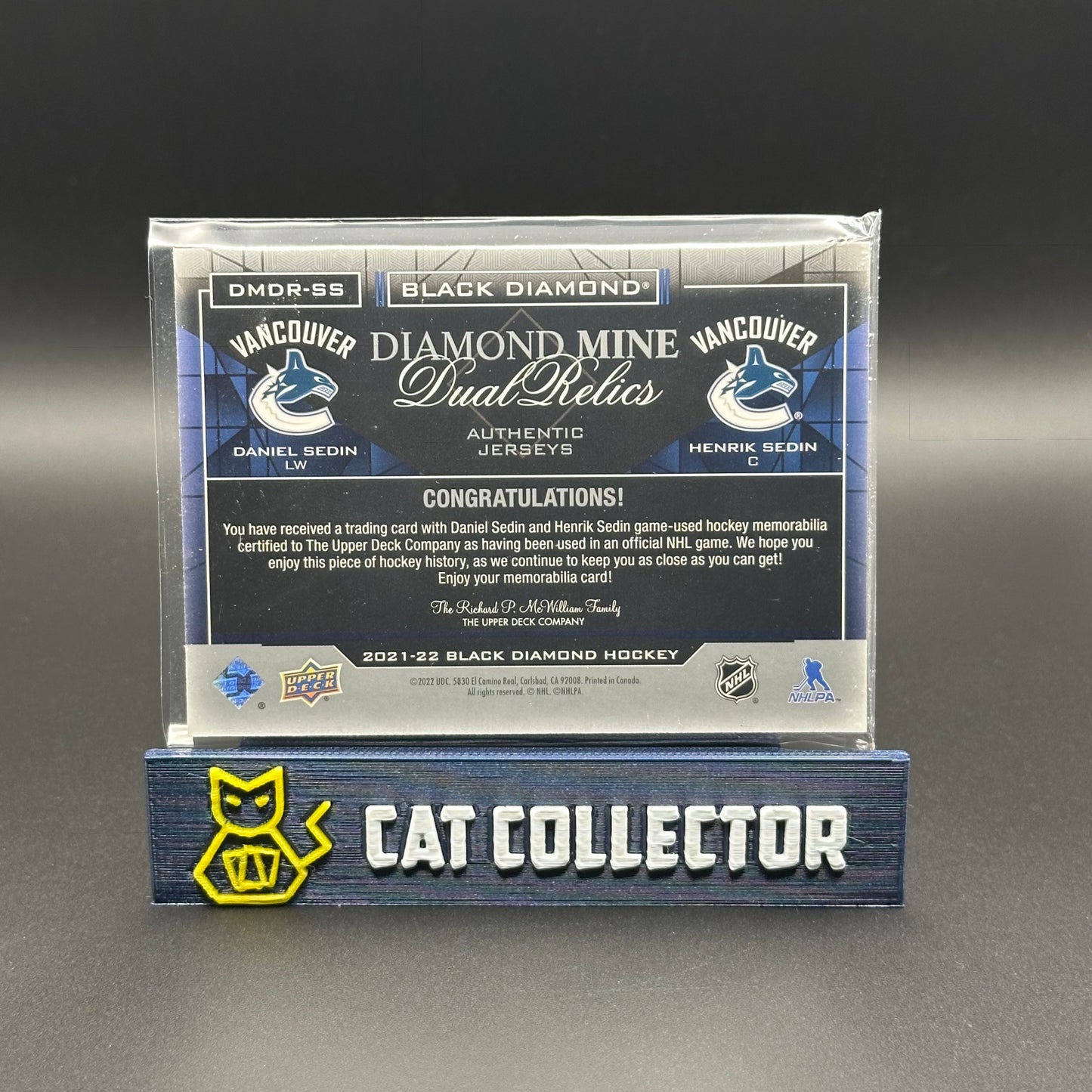 2021-22 UD Black Diamonds DANIEL SEDIN & HENRIK SEDIN #DMDR-SS Diamond Mine Dual Relics Jersey