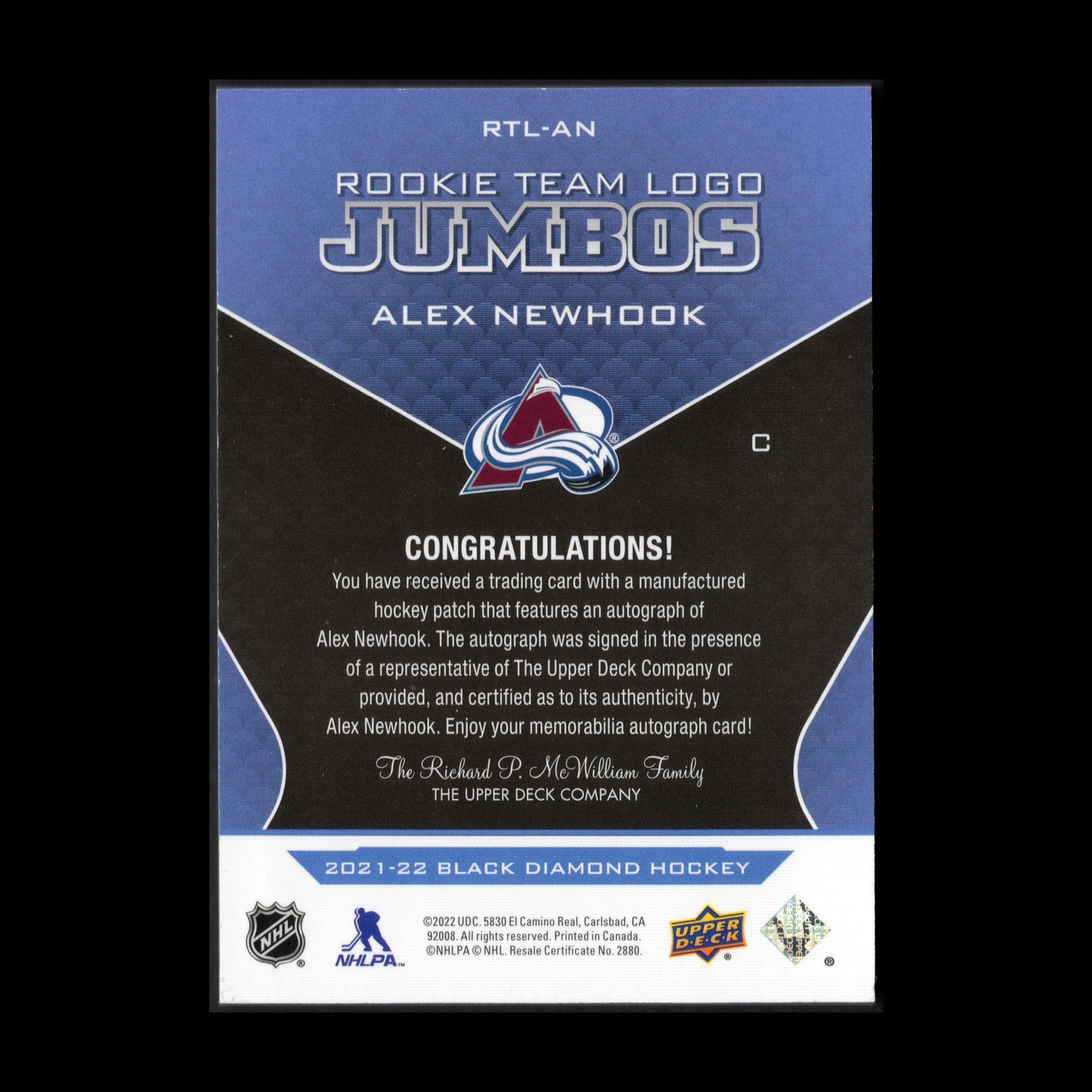 2021-22 UD Black Diamond ALEX NEWHOOK #RTL-AN Rookie Team Logo Jumbos RC /25 Auto Patch