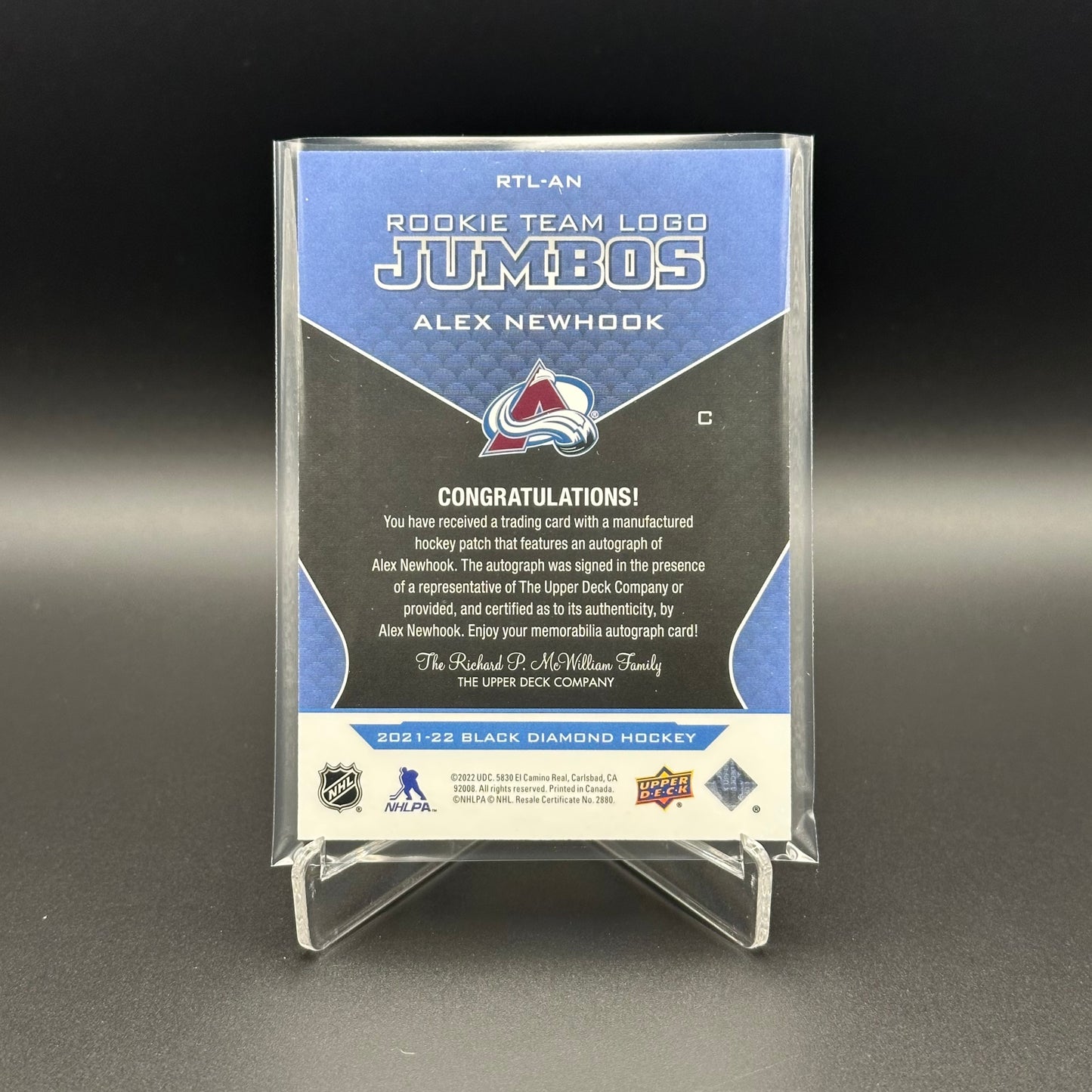 2021-22 UD Black Diamond ALEX NEWHOOK #RTL-AN Rookie Team Logo Jumbos RC /25 Auto Patch