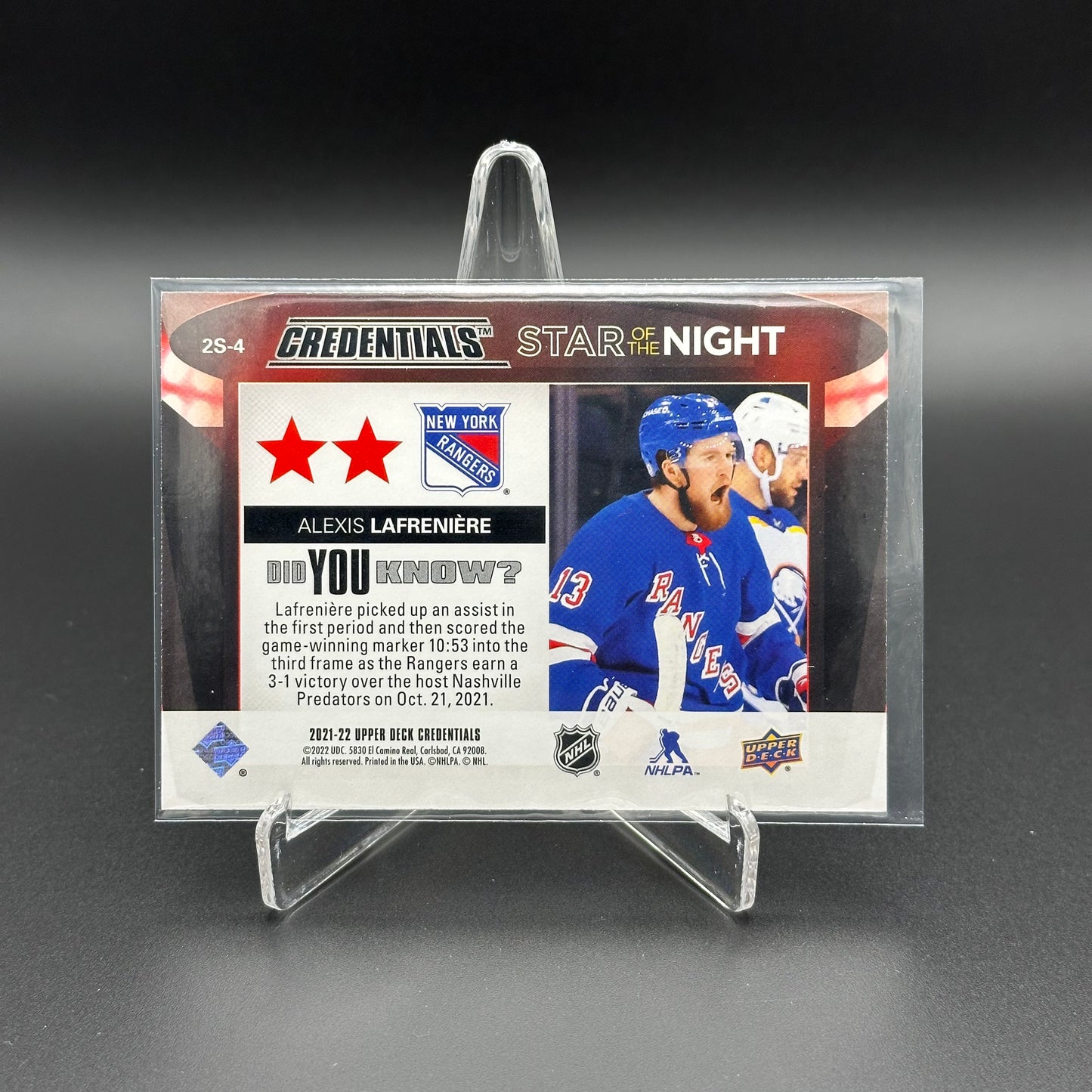 2021-22 Upper Deck Credentials ALEXIS LAFRENIERE #2S-4 Second Star of the Night