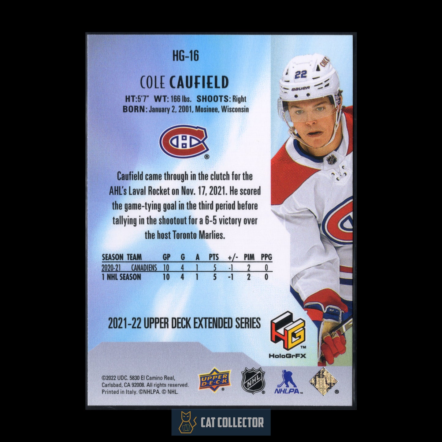 2021-22 UD Extended series COLE CAUFIELD #HG-16 HoloGrFX Gold RC