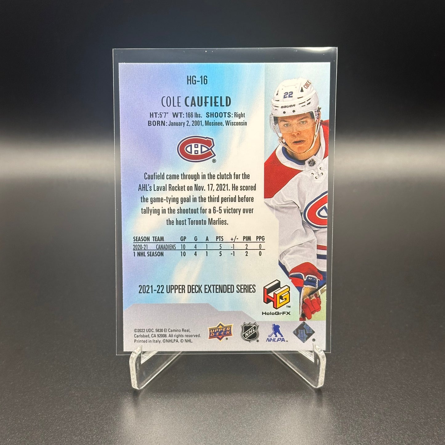 2021-22 UD Extended series COLE CAUFIELD #HG-16 HoloGrFX Gold RC