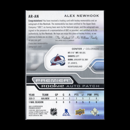 2021-22 UD Premier ALEX NEWHOOK #AR-AN Rookie Auto Patch RC /249