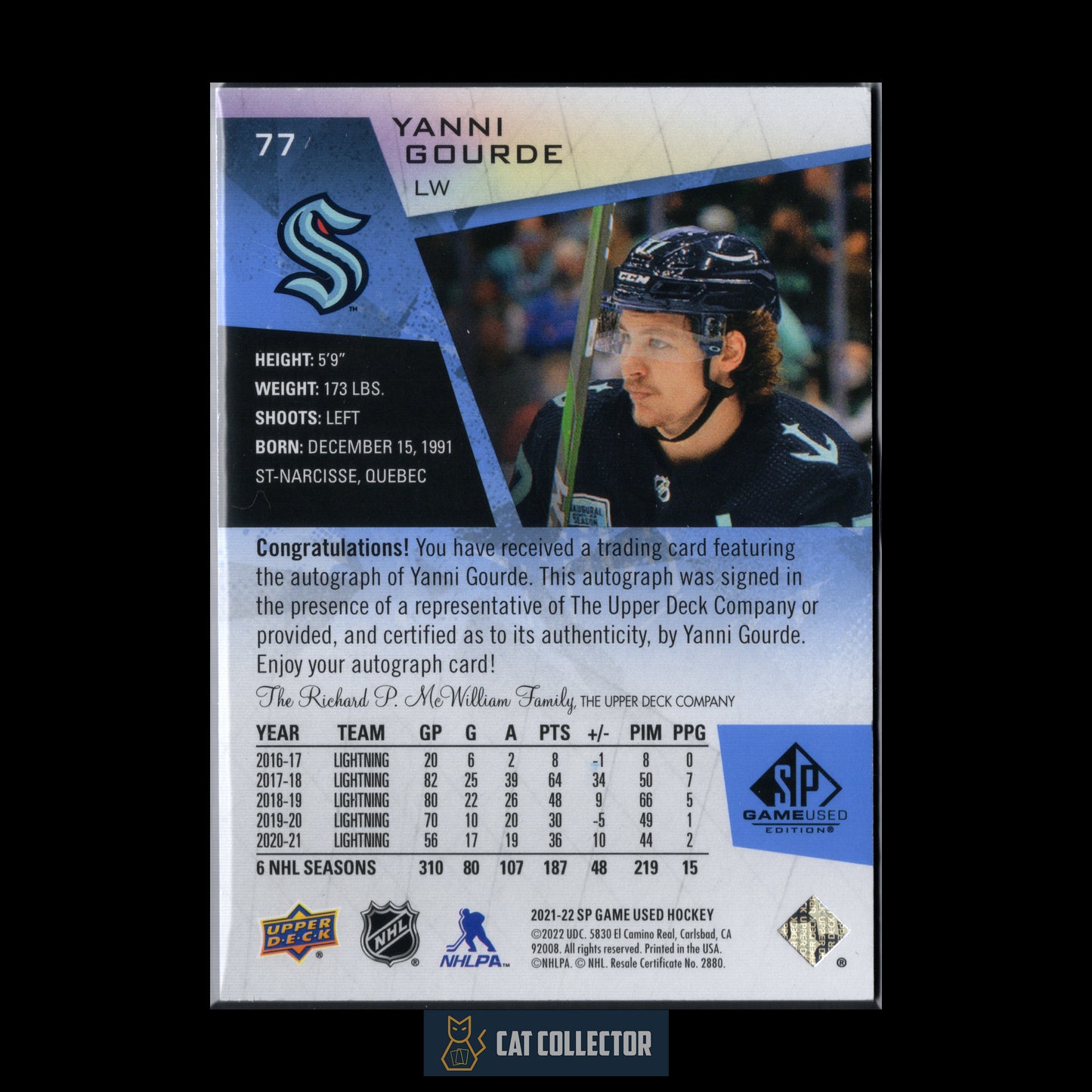 2021-22 Upper Deck SP Game Used YANNI GOURDE #77 Base Blue Autograph