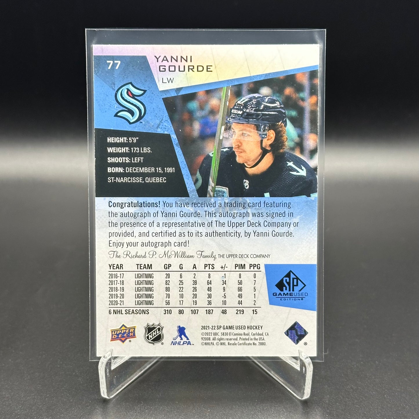2021-22 Upper Deck SP Game Used YANNI GOURDE #77 Base Blue Autograph