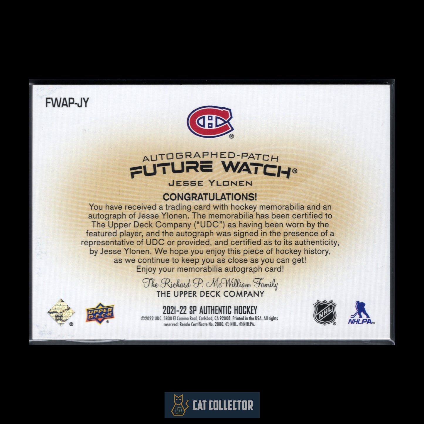 2021-22 Upper Deck SP Authentic JESSE YLONEN #FWAP-JY Autographed-Patch Future Watch RC /100 Auto