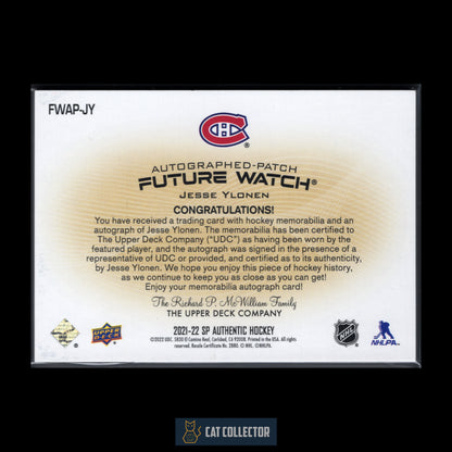 2021-22 Upper Deck SP Authentic JESSE YLONEN #FWAP-JY Autographed-Patch Future Watch RC /100 Auto