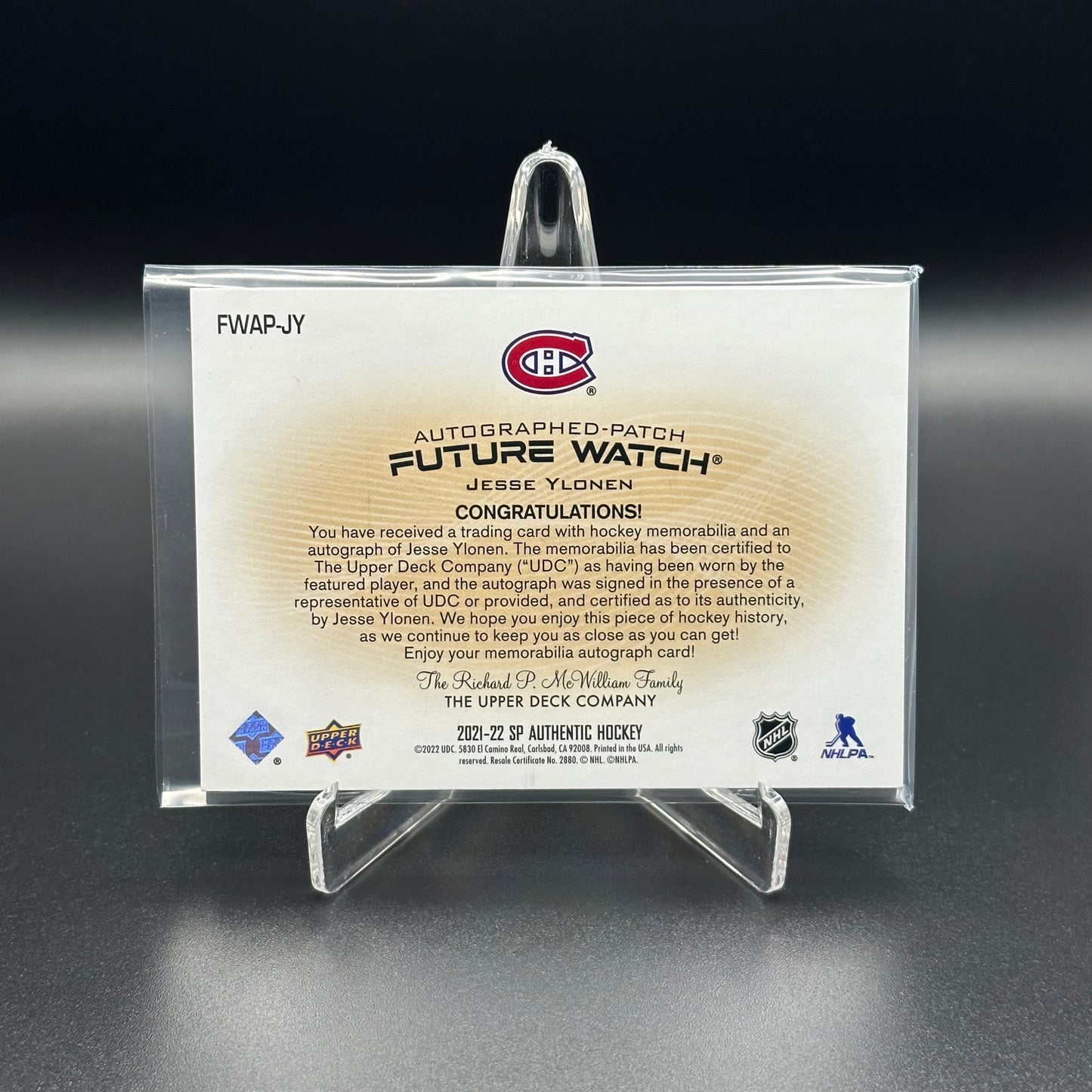 2021-22 Upper Deck SP Authentic JESSE YLONEN #FWAP-JY Autographed-Patch Future Watch RC /100 Auto