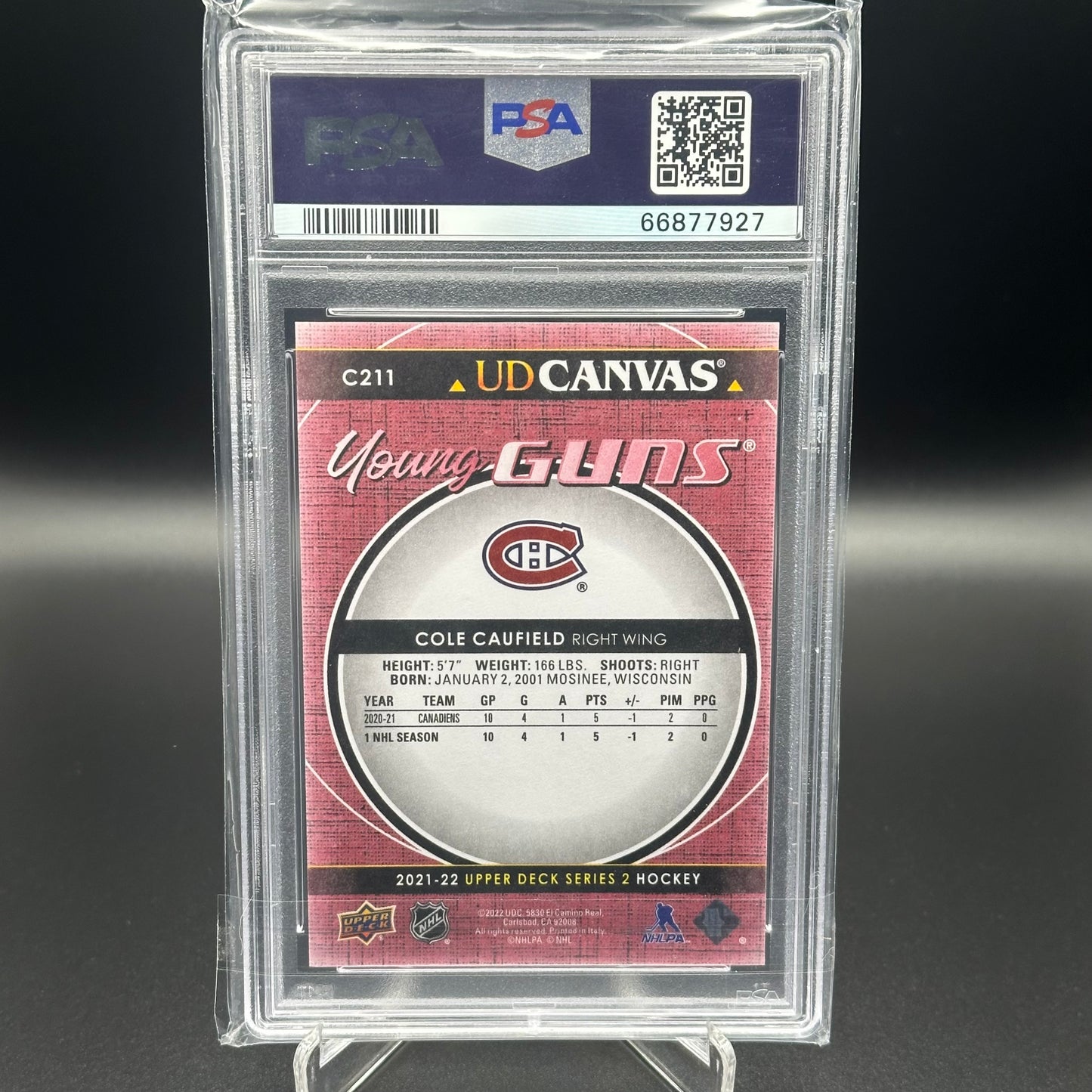 2021-22 UD Series 2 COLE CAUFIELD #C211 UD Canvas Young Guns Red RC PSA 10