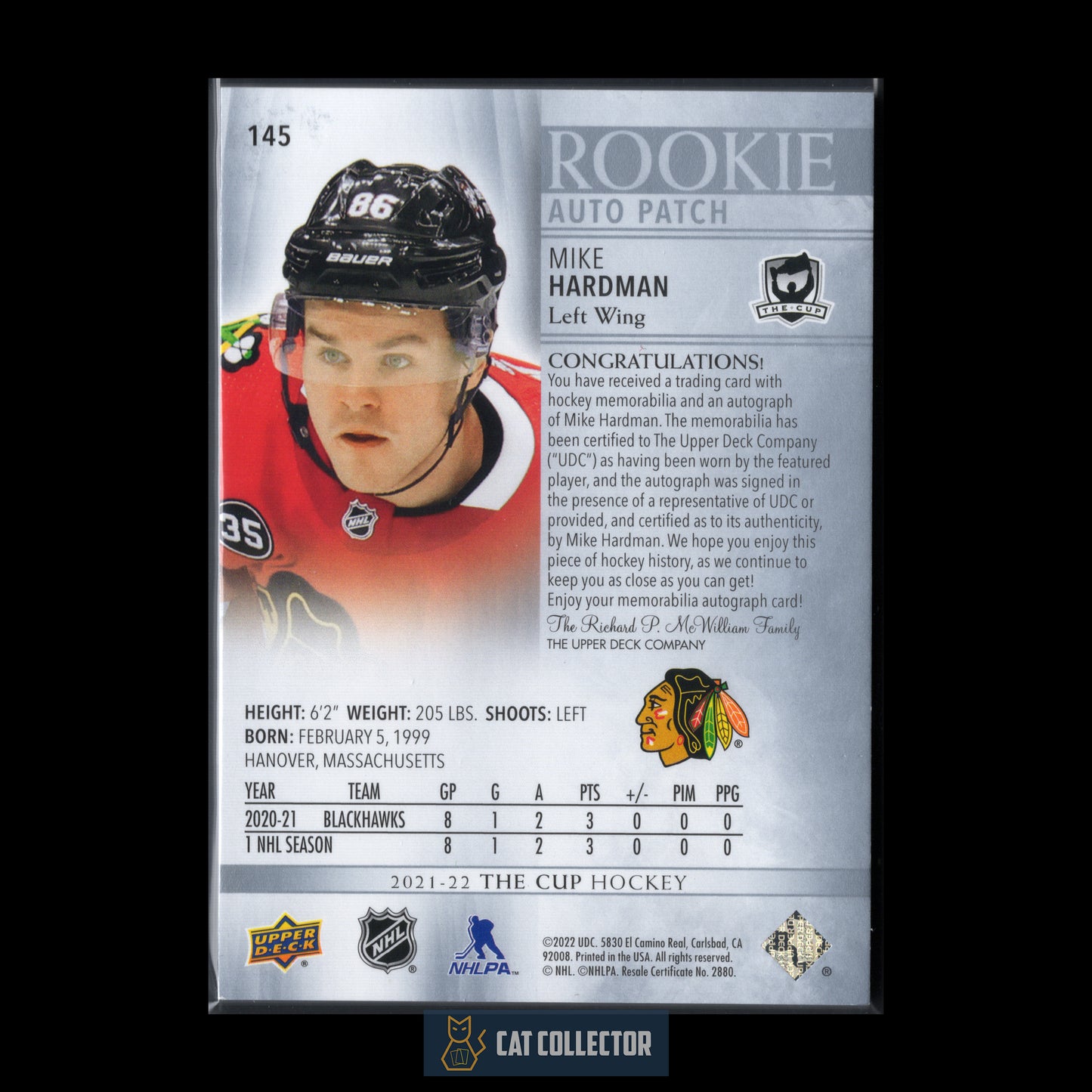 2021-22 Upper Deck The Cup MIKE HARDMAN #145 Rookie Auto Patch RC /249