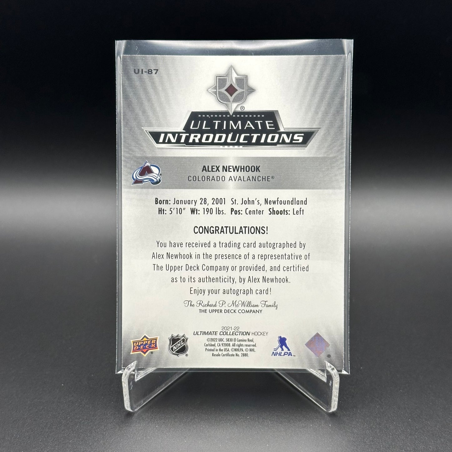 2021-22 UD Ultimate Collection ALEX NEWHOOK #UI-87 Introductions Auto Gold RC /50