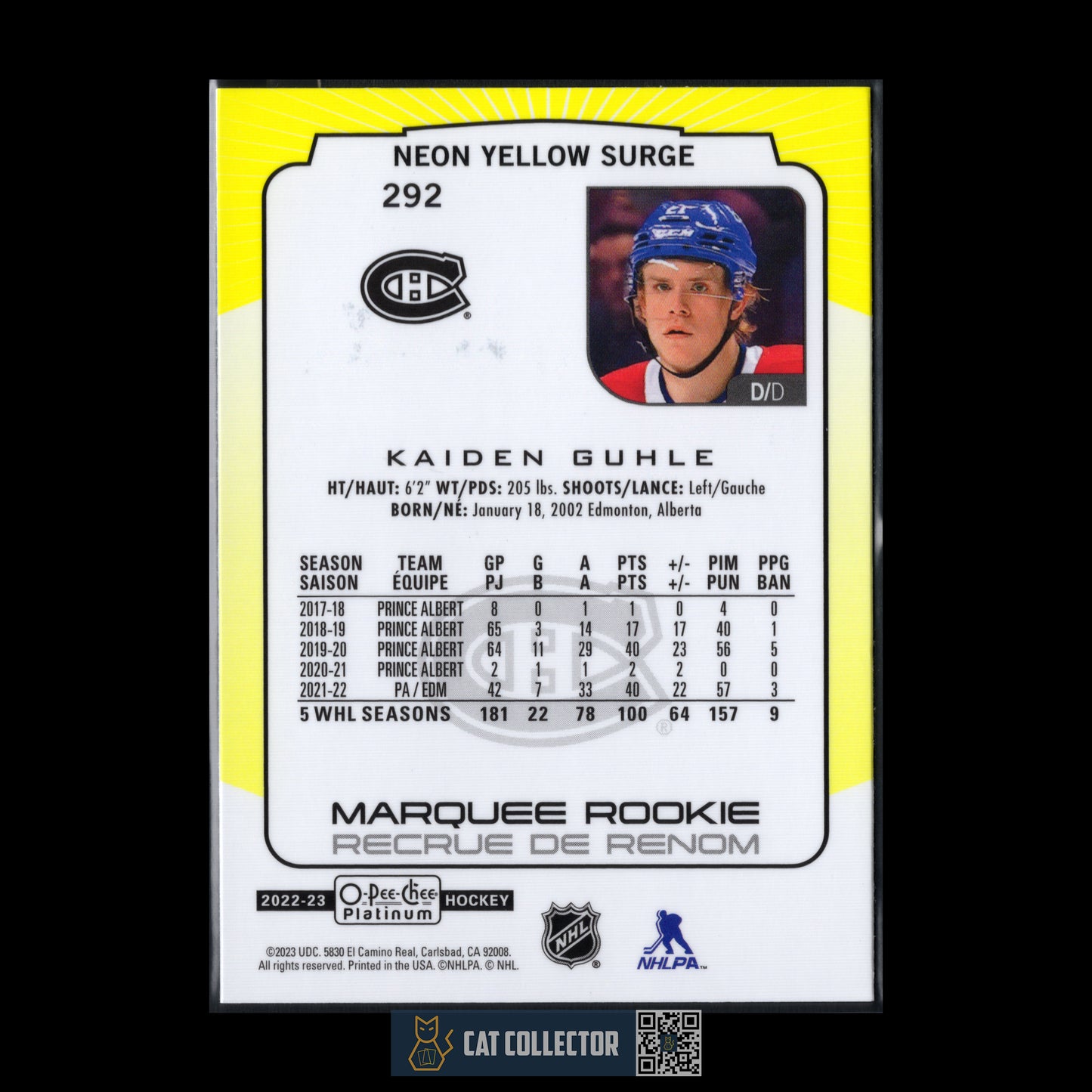2022-23 O-Pee-Chee Platinum KAIDEN GUHLE #292 Marquee Rookie Neon Yellow Surge RC