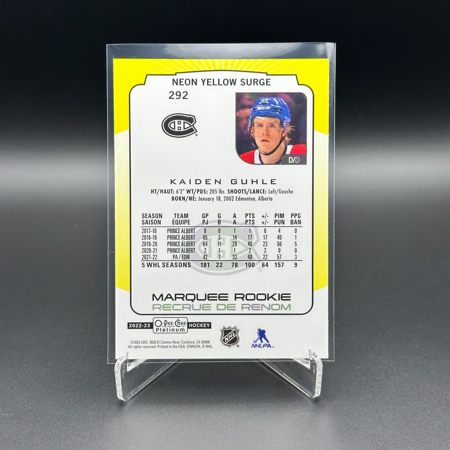 2022-23 O-Pee-Chee Platinum KAIDEN GUHLE #292 Marquee Rookie Neon Yellow Surge RC