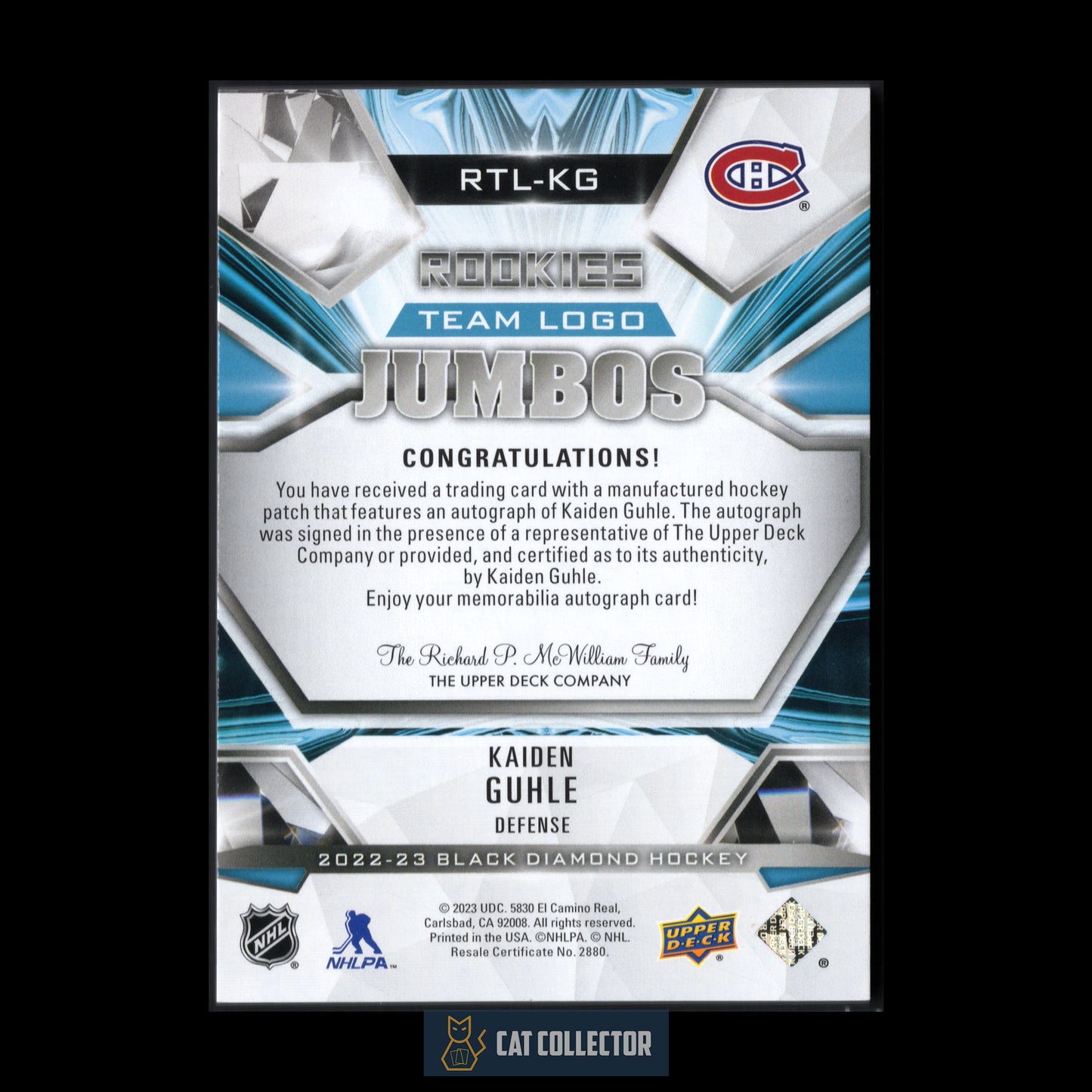 2022-23 Upper Deck Black Diamond KAIDEN GUHLE #RTL-KG Rookie Team Logo Jumbos RC Full Logo /49 Auto