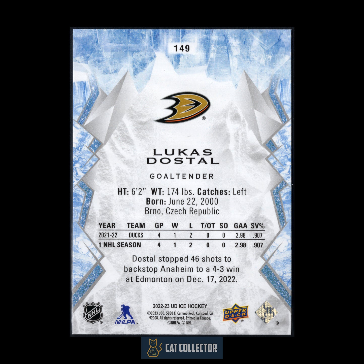 2022-23 Upper Deck Ice LUKAS DOSTAL #149 Rookie RC