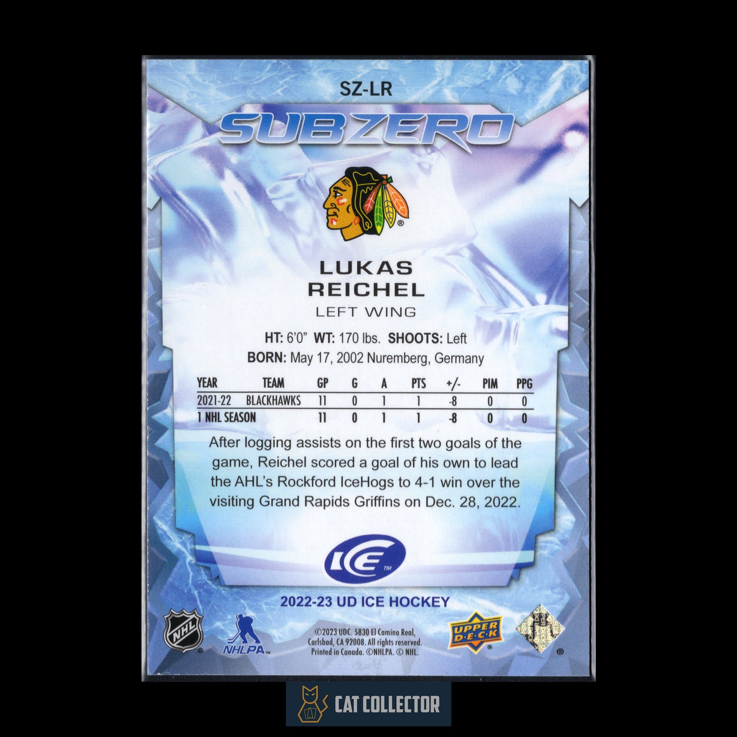 2022-23 Upper Deck Ice LUKAS REICHEL #SZ-LR Sub-Zero Rookies RC /999